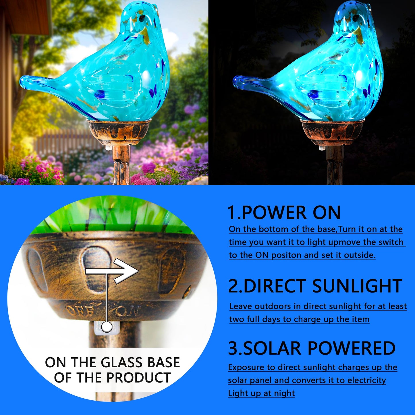 Naboher Decorative Solar Lights, Outdoor Solar Bird Stake Lights, Hand Blown Glass Decorative Garden Pathway Lights Outdoor Waterproof Glass Stakes (Light Blue)