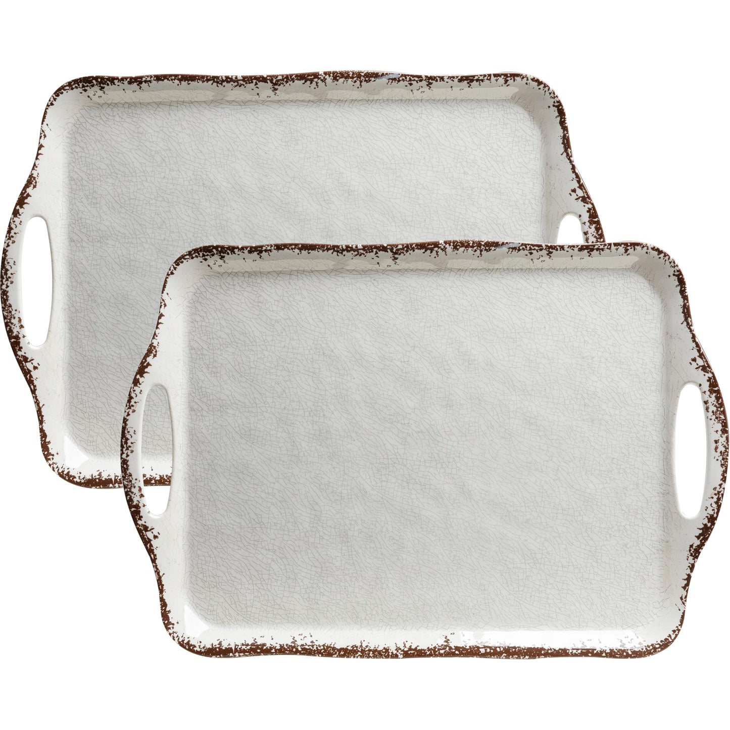 LEHAHA Vintage White Large Serving Tray with Handles, 17.25x12 inch, Set of 2 Melamine Platters for Serving Food, Turkey, Cookie, Rectangular Trays for Eating, Crackled Finish with Rustic Raised Rim.