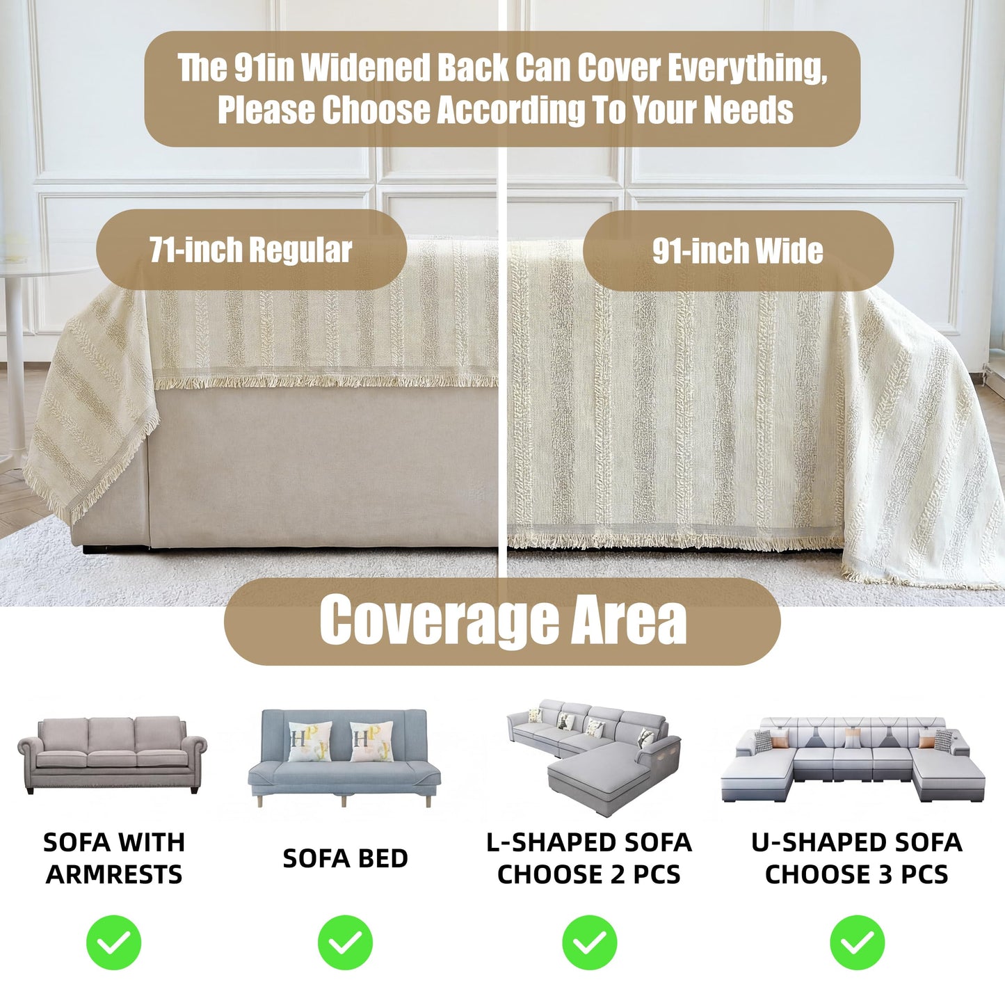Fuyulacom Couch Cover for Dogs Washable Sofa Cover, Sectional Couch Covers, Sofa Covers for 2 Cushion Couch, Non Slip Stripe Sofa Slipcovers Furniture Protector (Beige, 71x102)