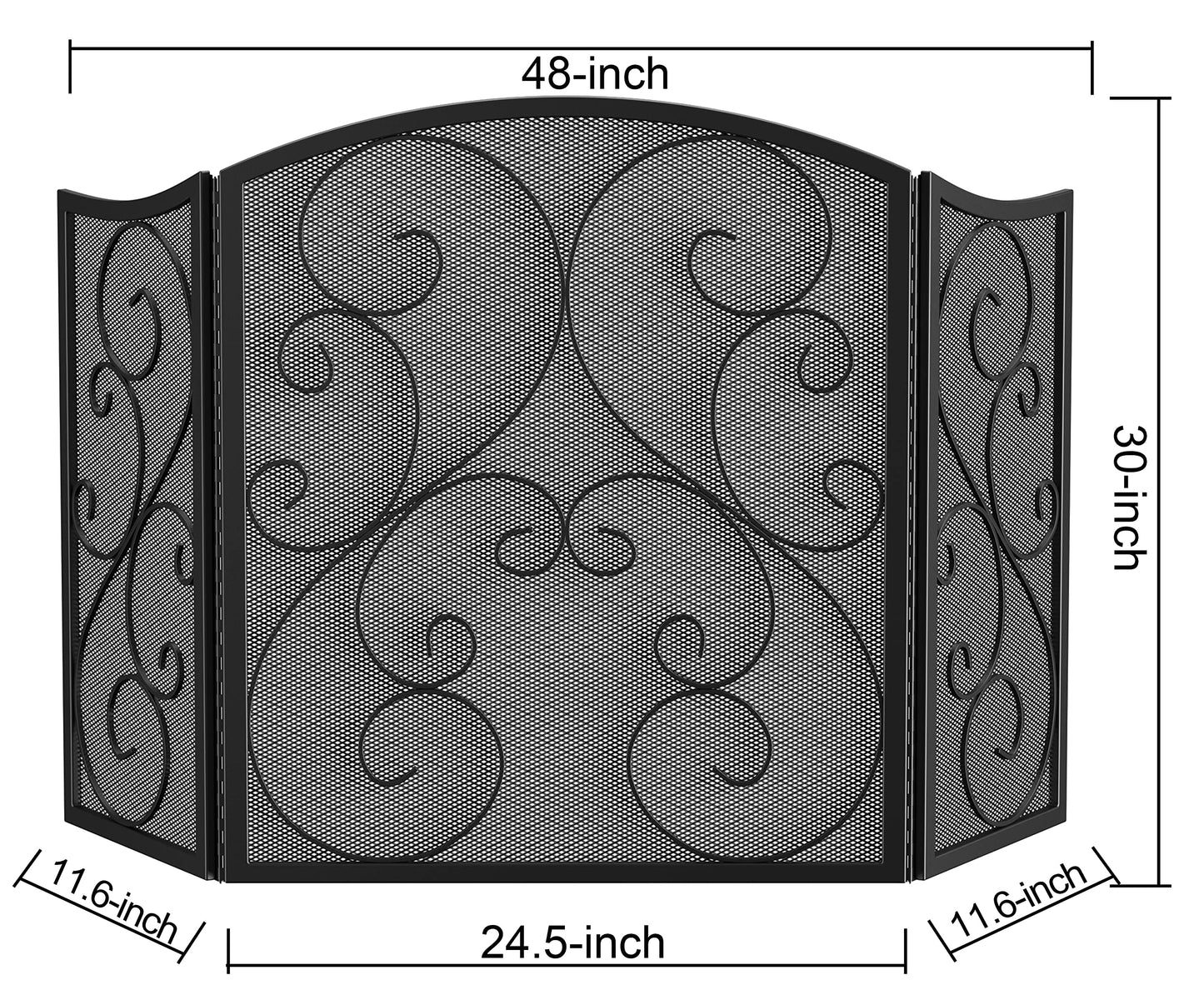 Fire Beauty Fireplace Screen 3 Panel Wrought Iron Metal 48"(L) x30(H) Spark Guard Cover(Black)