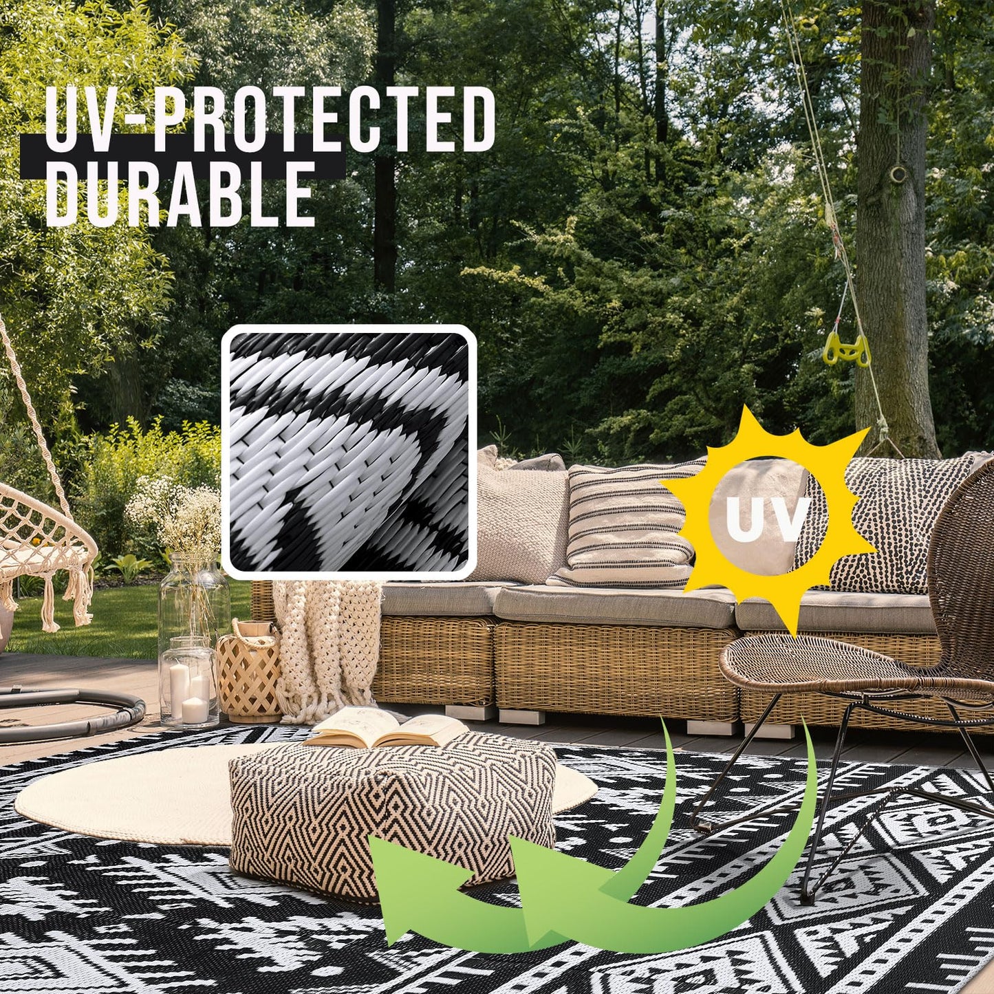 OLANLY Outdoor Rug Waterproof 5x8 ft, Reversible Outdoor Plastic Straw Rug, Boho Patio Rug, Indoor Outdoor Carpet, RV Mat Outside for Patio, Camp, Picnic, Balcony, Deck, Backyard, Black & White