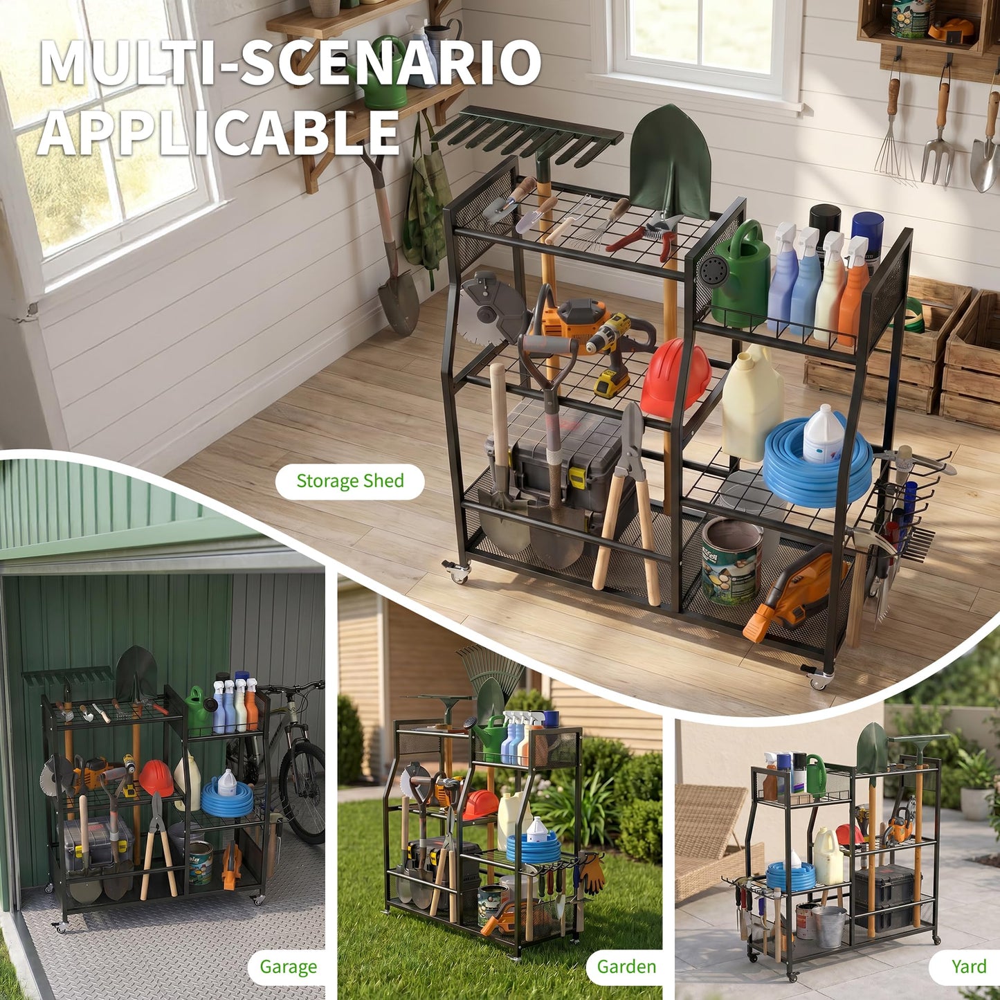 HOTEAGLE Garden Tool Organizer for Garage with 35.4” Width(High Stability), Outdoor Metal Utility Rolling Carts with Mute Wheels & 18.5mm Thick Rods, Easy to Clean, Black