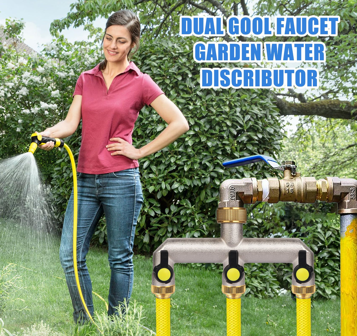 Anstore Garden Hose Splitter, 3/4" Water Hose Splitter 3 Way Heavy Duty with 3 Black Handle, Brass Nickel Plated Outdoor Faucet Splitter Water Spigot Splitter Manifold Rust and Freeze Resistant