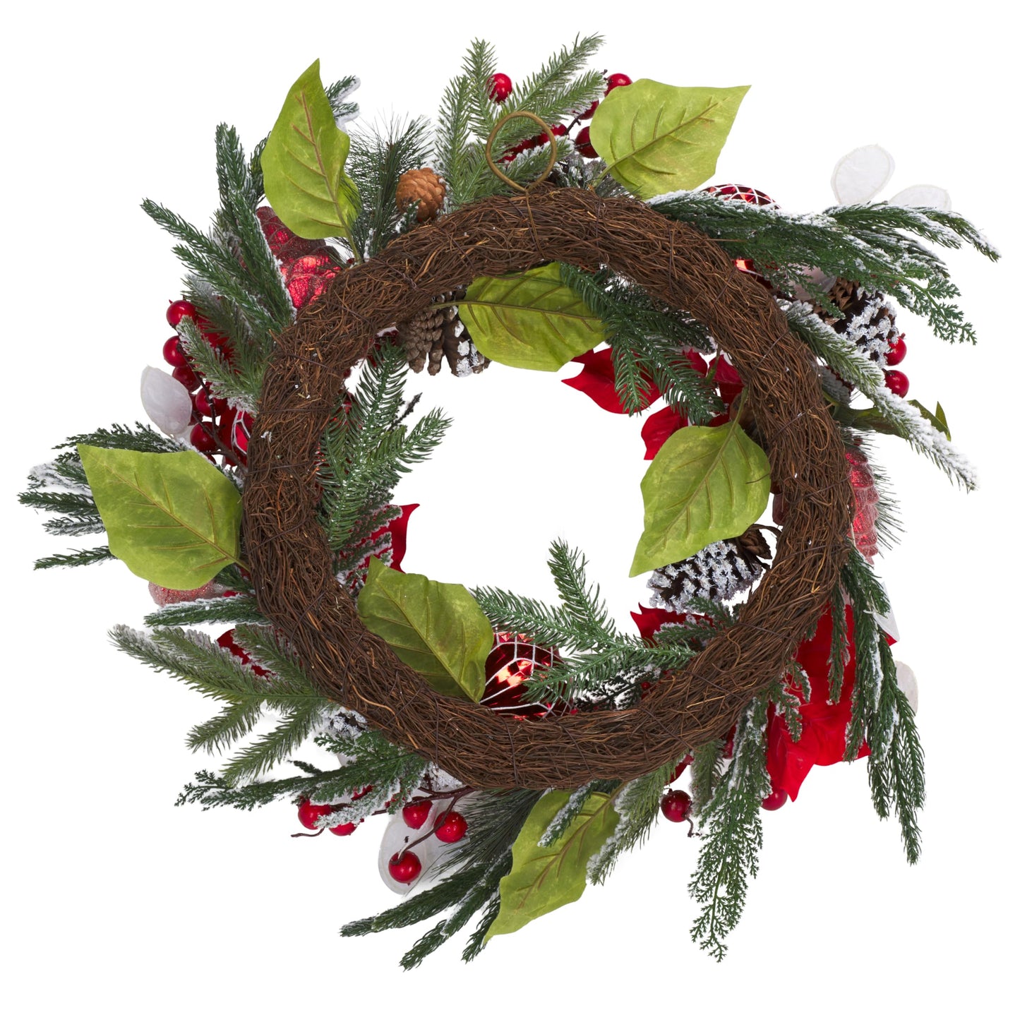 SAFAVIEH Home Collection - 28" Faux Snowy Needle Pine Wreath with Red Poinsettias, Ornaments & Pinecones (FXP1032A)