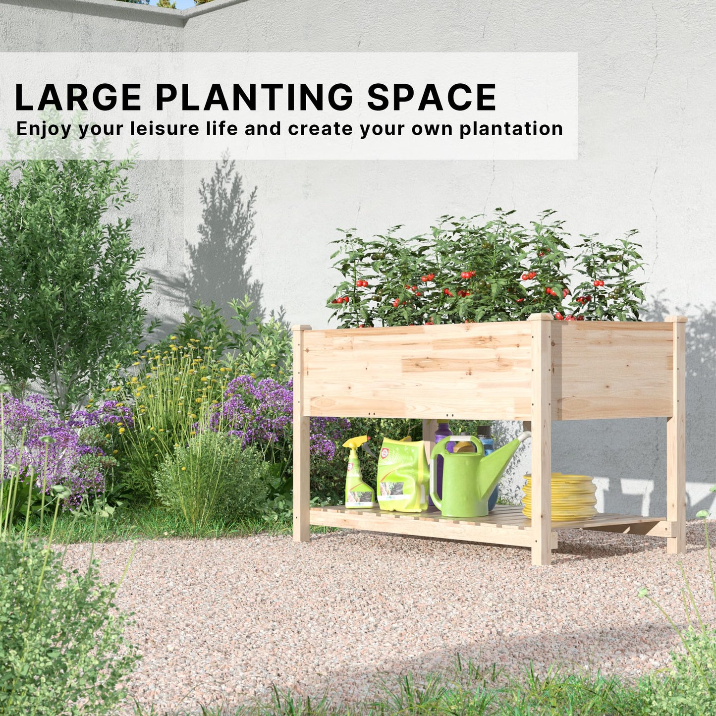 Gotland Raised Garden Bed with Legs, Raised Beds for Gardening with Storage Shelf Bed Liner Drainage Holes, Wooden Planter Raised Beds, Raised Planter Box for Backyard, Patio, Balcony, Natural