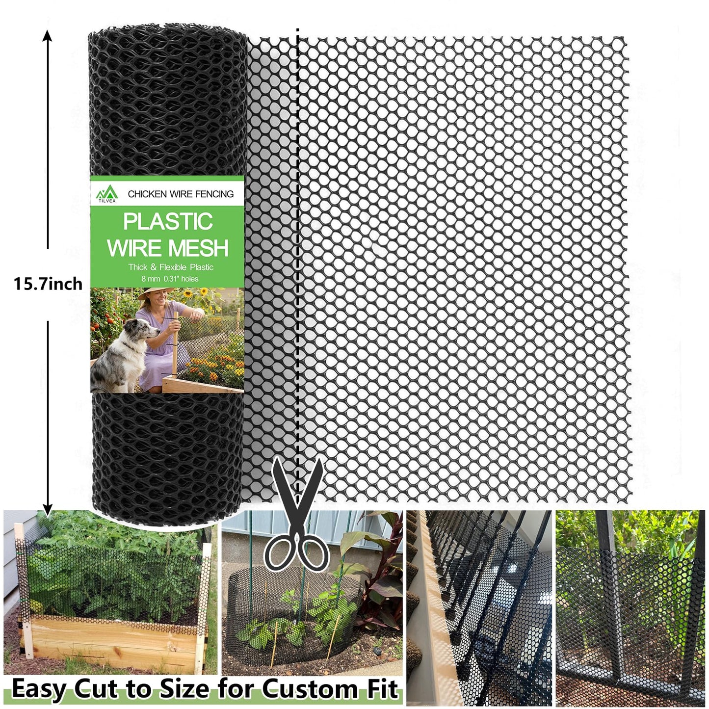 Tilvex 15.7" x 10' Plastic Mesh Fence Roll - Heavy Duty Chicken Wire Mesh Fence - Upgraded Thick Animal Barrier for Garden, Balcony Railing Safety Net, Poultry Netting with 20 Zip Ties, Black