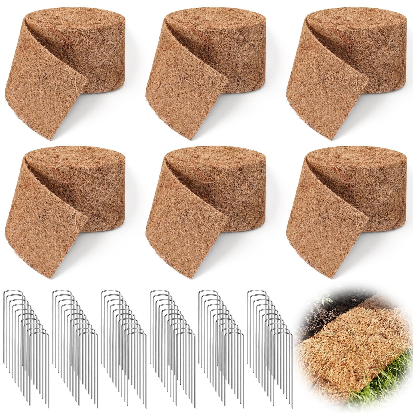 Tinideya 6 Pcs Natural Mulch Roll for Landscaping 118'' x 4.5'' Per Roll Coconut Fiber Mulch Mat with 60 U-Shaped Steel Stakes Cuttable Coconut Liner for Garden Edgings Wrap Trunk Planter Pet Pad