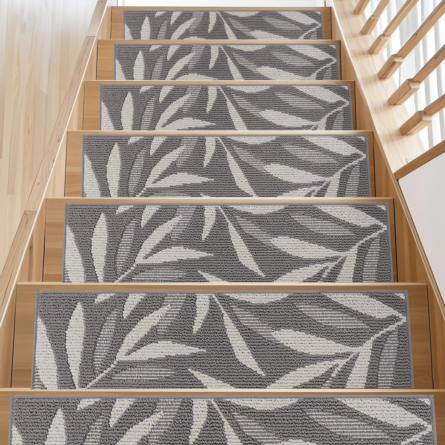JSEI Stair Treads for Wooden Steps with 3D Leaf Pattern, 14 Pack 9" X 28" Carpet Stair Treads Non-Slip Indoor with TPE Backing, Machine Washable Stair Runners for Kids Elders and Pets, Grey