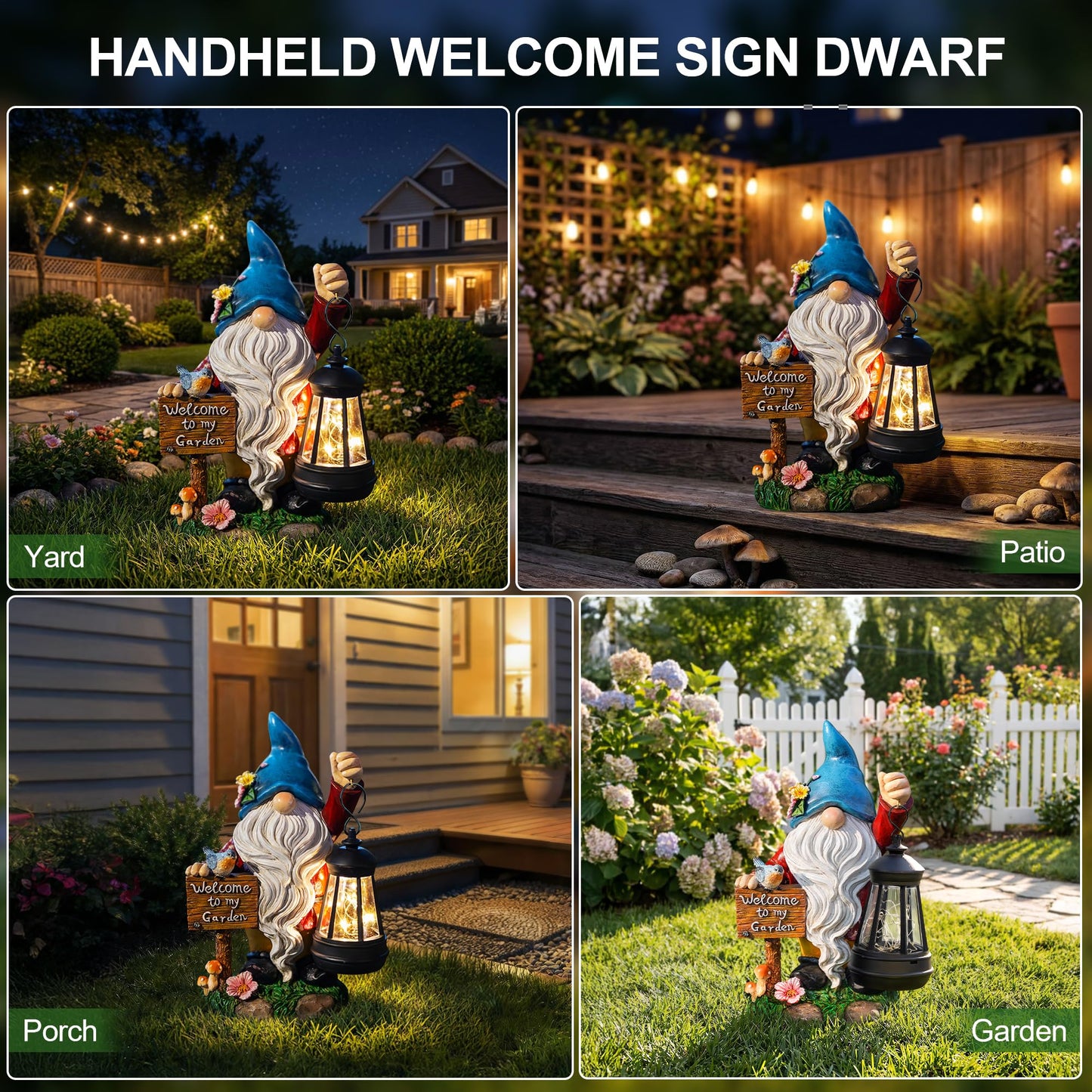 ZQQLITE Garden Gnome Statues Figurine Lights - Solar Powered Lighting Outdoor Decorations with Lantern & Welcome Sign, Yard Art Lawn Ornaments for Porch Patio Balcony - Gnome Gifts for Women Mom