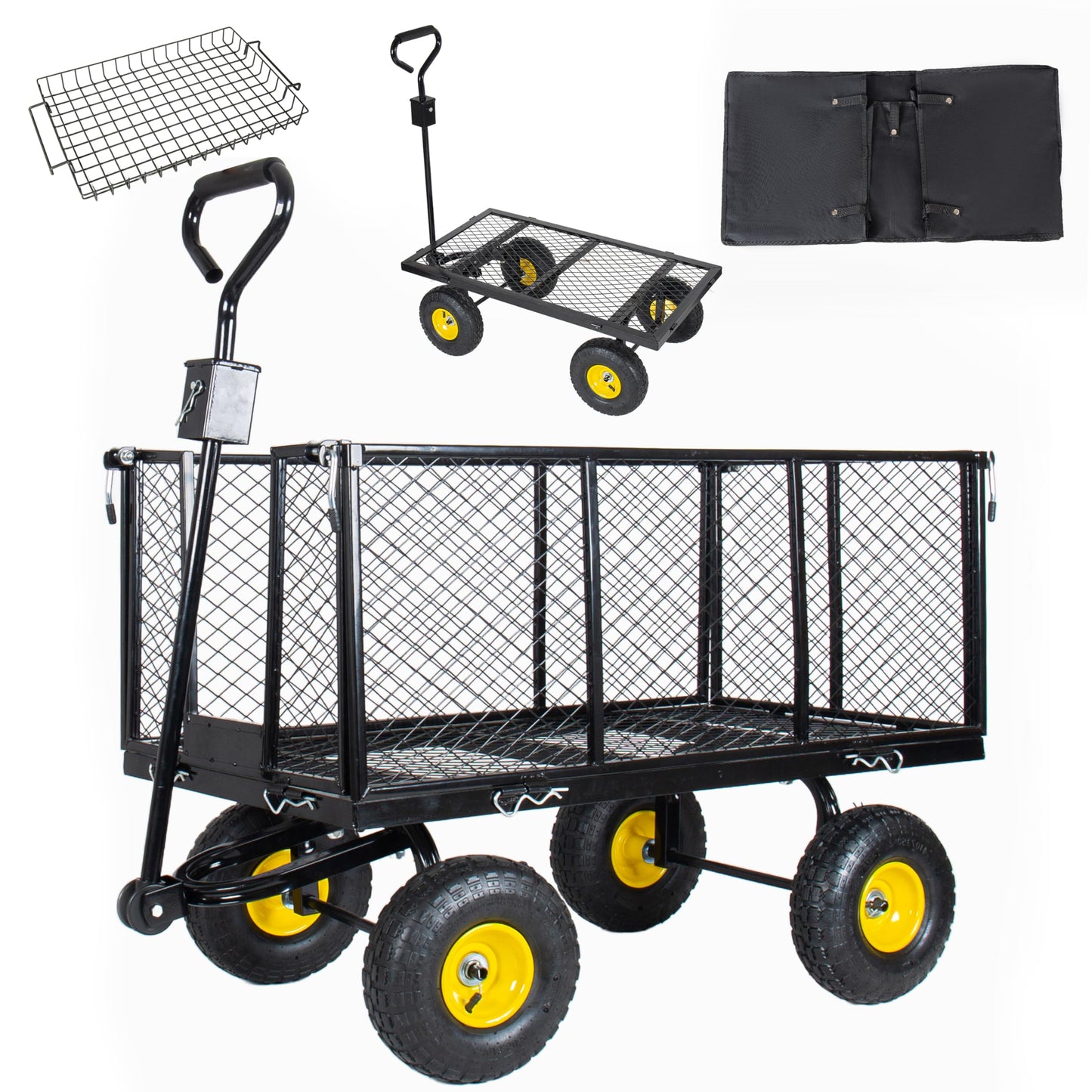 4-in-1 Heavy Duty Garden Wagon Utility Cart 880LBS, Steel Mesh Dump Wheelbarrow with 10" All-Terrain Wheels, Removable Sides & Liner, Extra High Fence, Outdoor Lawn Patio Yard Landscaping, Black