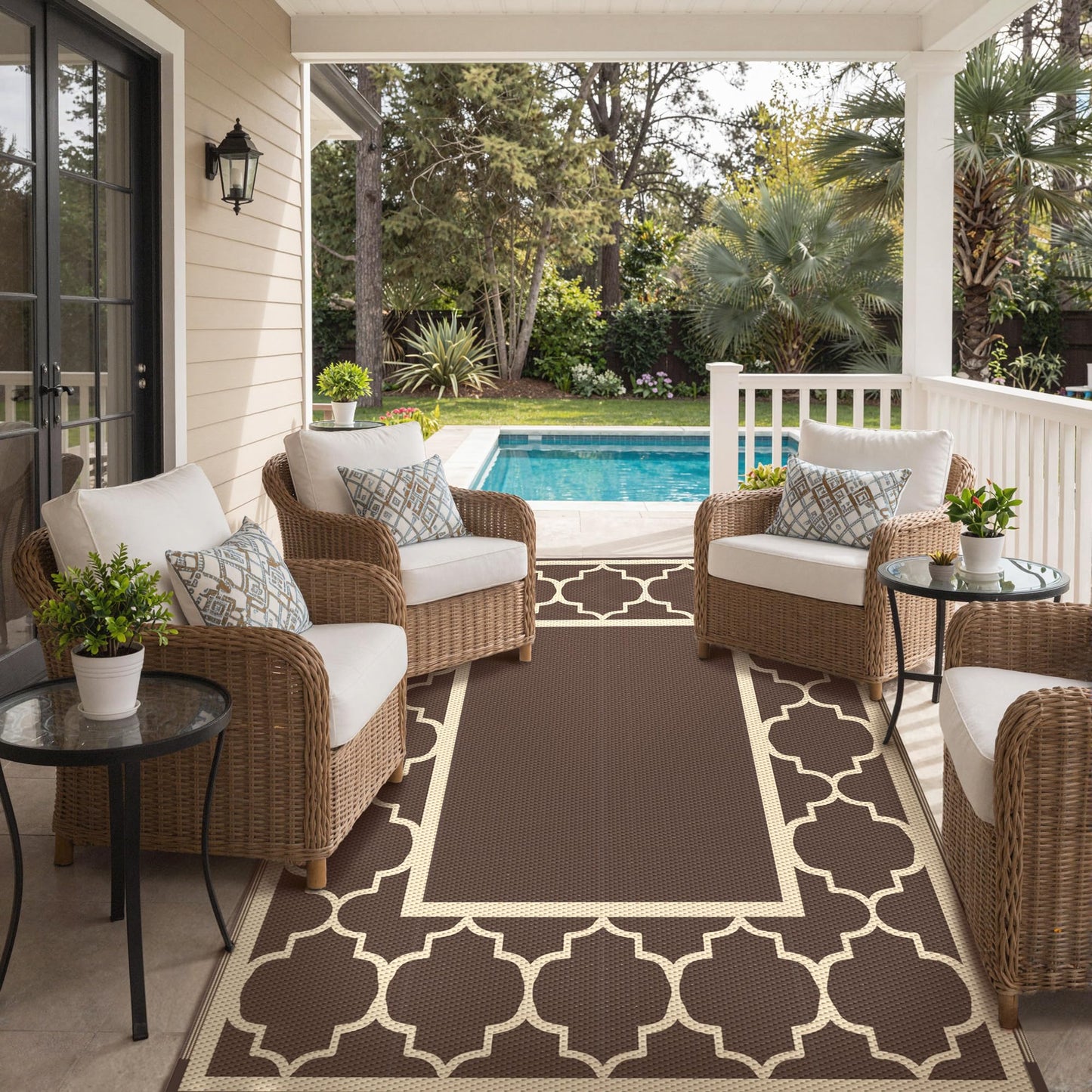 GENIMO Outdoor Rug 8' x 10' Patio Waterproof, Foldable Reversible Plastic Straw Area Rugs Mat for Camper Decor, Outside Carpet for Rv, Deck, Porch, Picnic, Beach, Balcony, Coffee & Beige