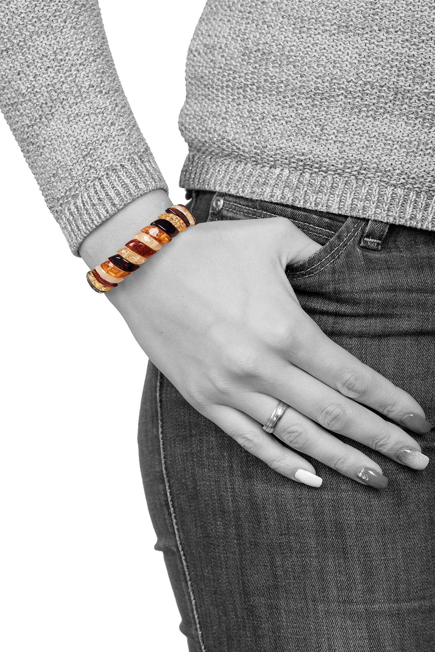 AMBERAGE Baltic Amber Stretch Bracelet for Women - Genuine Handmade Jewelry with Polished Multi-Colored Amber Beads - Elegant Elastic Bracelet Gift from Lithuania with Certificate of Authenticity