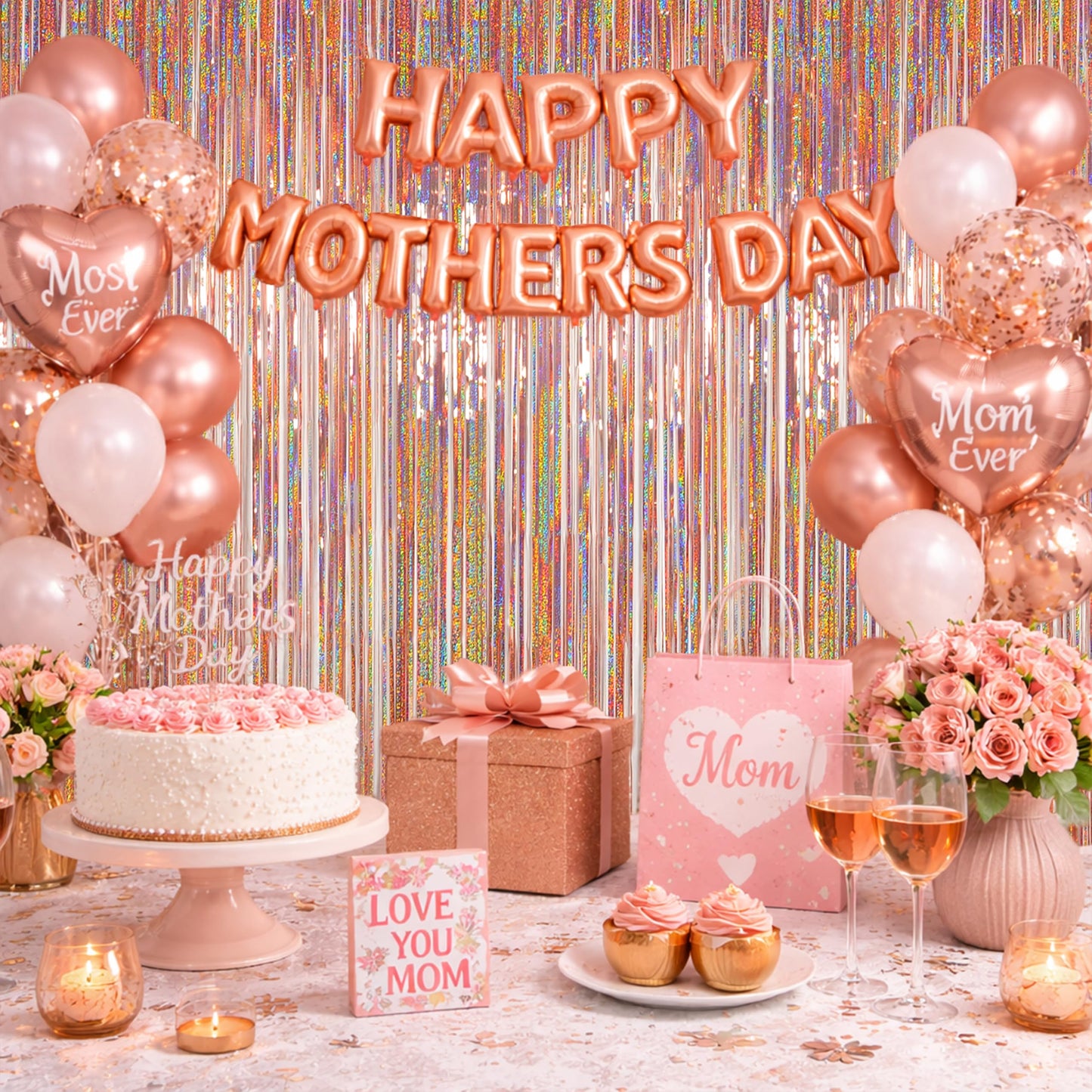 Photo Backdrop for Mothers Day Decorations, Melsan Rose Gold Tinsel Backdrop 2 Pack, Sparkle Foil Fringe Curtains for Rose Gold Birthday Decorations, 3.2 ft x 8.2 ft