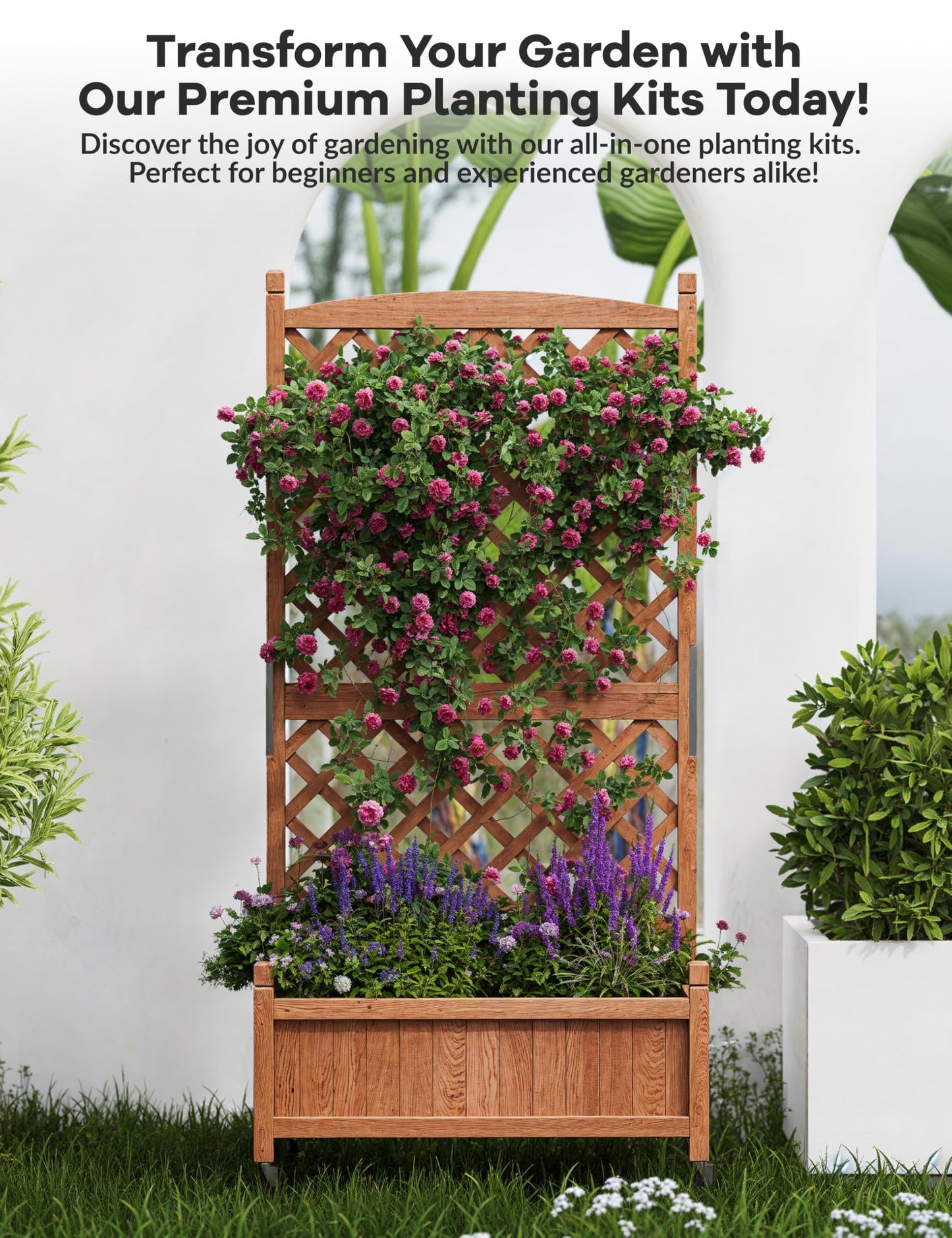 IDEALHOUS Large Raised Garden Bed with Trellis & Wheels, 61" Wooden Mobile Planter Box with Drainage Hole, Freestanding Vertical Planter for Outdoor Indoor Patio Lawn Herbs Flowers Vegetables, 2 Pack