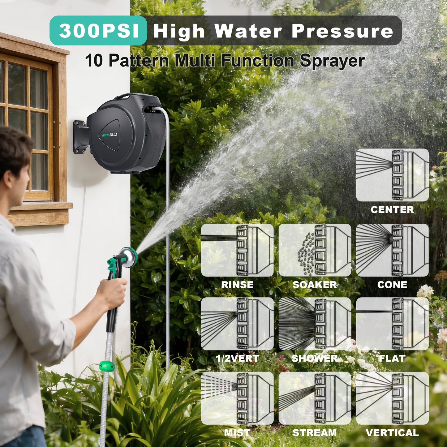 Retractable Garden Hose Reel - 1/2 in x 120 ft Automatic Wall Mount Heavy Duty Automatic Water Hose Reel with 9 Patterns Nozzle, Kink-Resistant Hose, 180° Swivel, Auto-Lock for Outdoor Watering