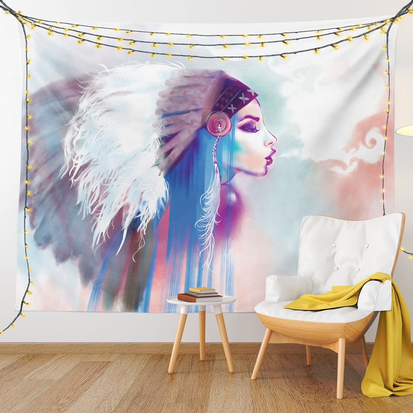 Ambesonne Tribal Tapestry, Girl Smoking Traditional Clothes Abstract Watercolor Background Illustration, Wide Wall Hanging for Bedroom Living Room Dorm, 60" X 40", Multicolor Purple
