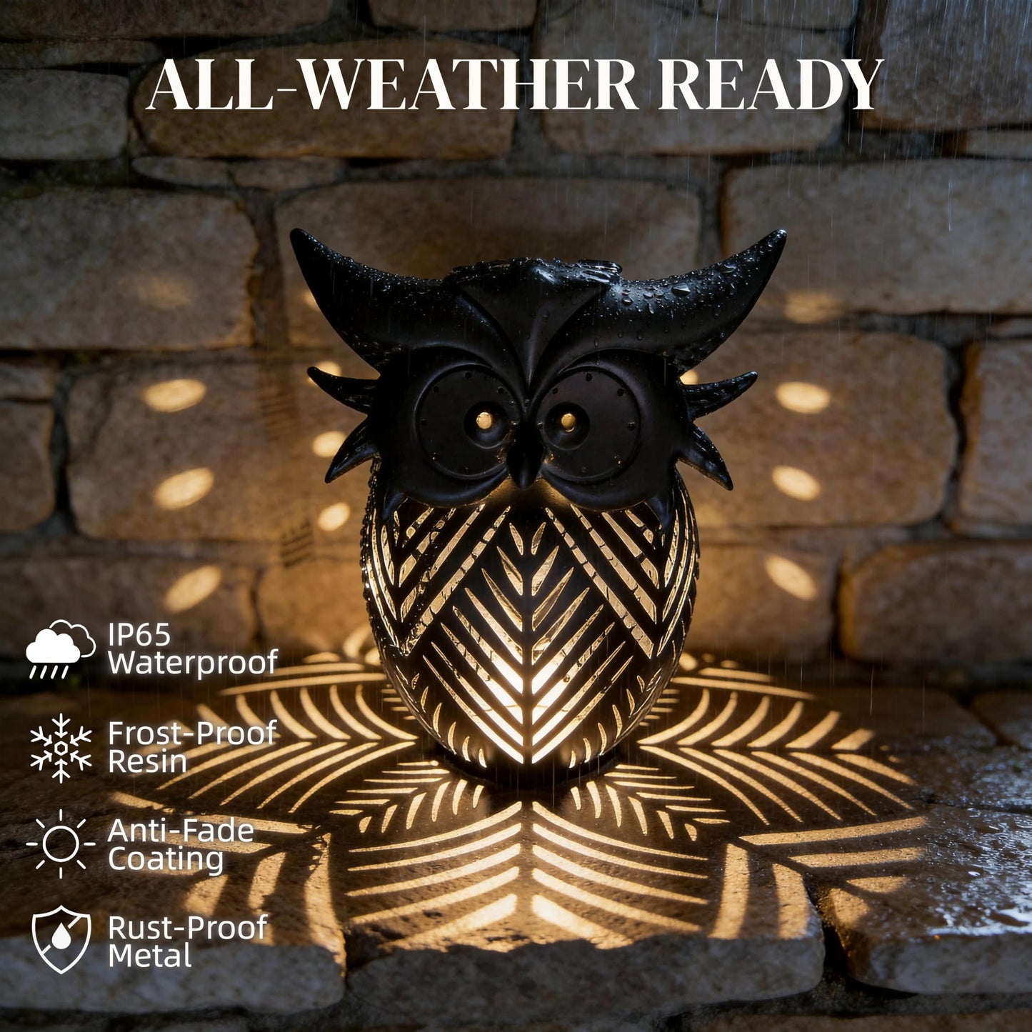 Hanging Owl Solar Lantern, Outdoor Waterproof Metal Solar Lights with Palm Leaf Shadow, Decorative Garden Lanterns for Yard Art Patio Decor, Whimsical Gifts for Women, Black