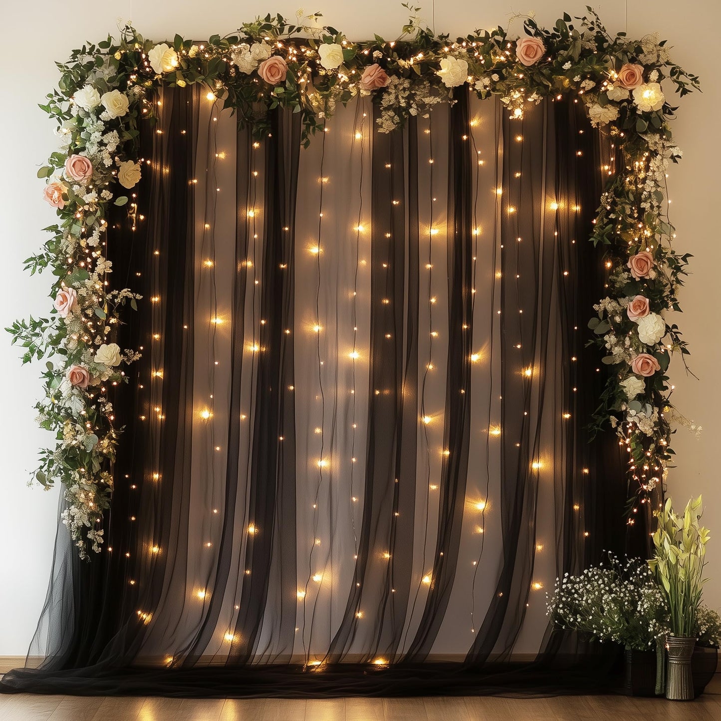 Xiomot Tulle Backdrop Curtain with Lights String 10FT X 8FT Black Sheer Tulle Backdrop Curtains for Wedding Birthday Party Reception Photo Booth Background Decorations (2 Panels 5x8FT)