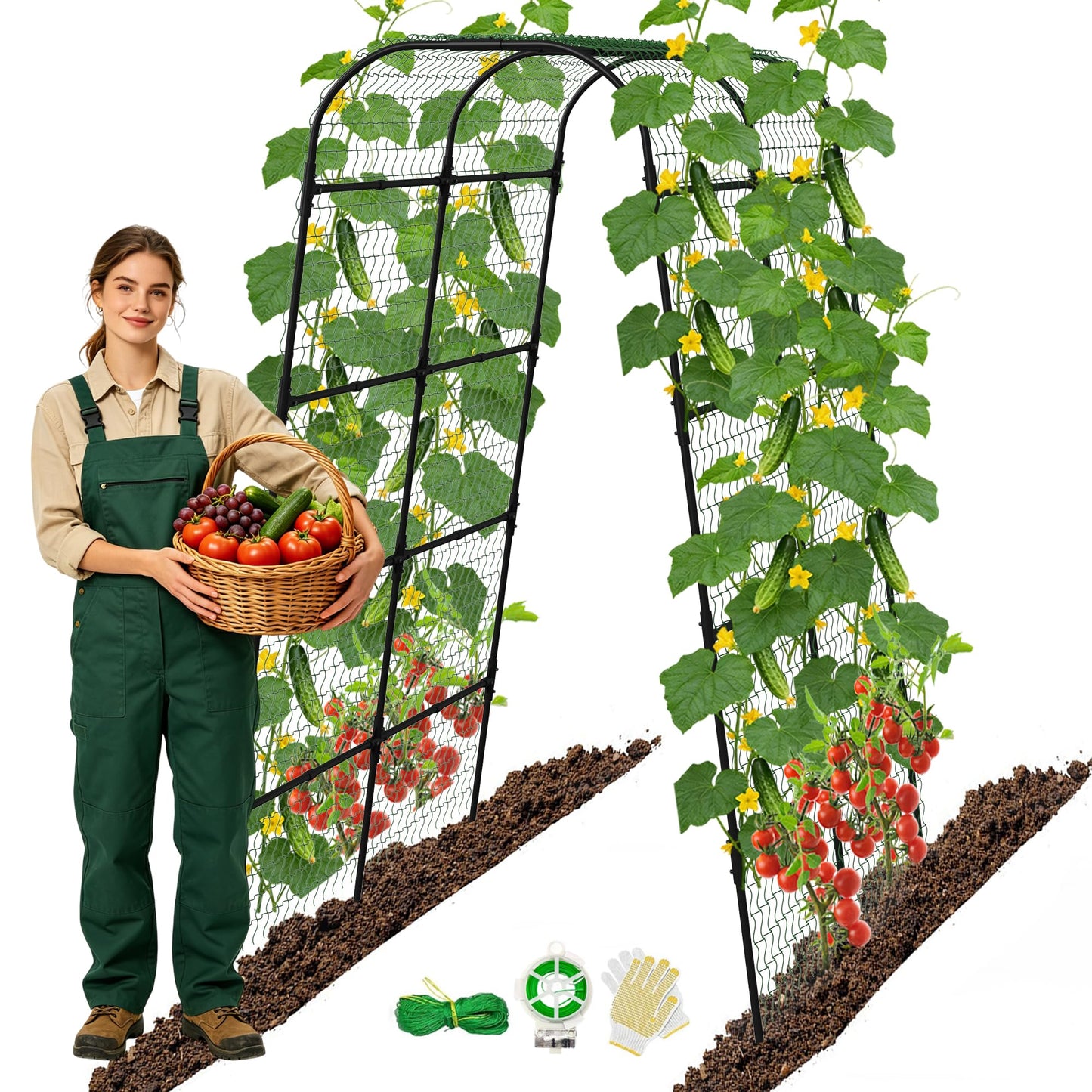 7Ft Adjustable Garden Arch Trellis for Climbing Plants Outdoor, Heavy Duty Rustproof Stainless Steel Cucumber Trellis for Raised Beds, Tall Metal Plant Support for Tomato, Squash, Beans, Flowers