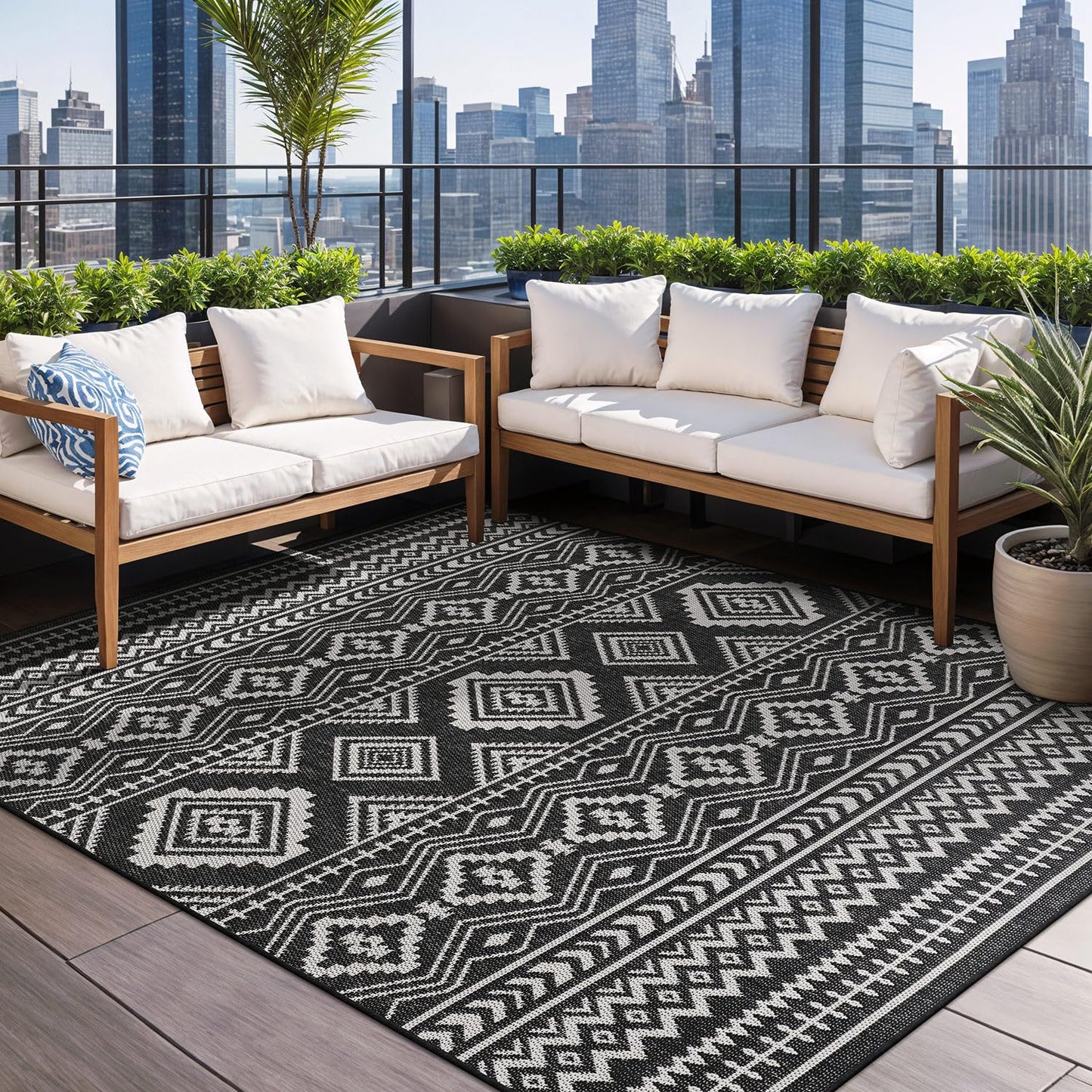 Beverly Rug Waikiki Boho Indoor Outdoor Rug 5x7, Washable Outside Carpet for Patio, Deck, Porch, Bohemian Area Rug, Farmhouse Rugs, Aztec Tribal Rug, Black and White