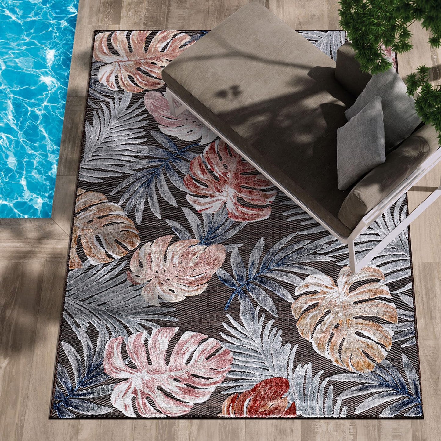 CAMILSON Indoor Outdoor Rug, Brown 7’10”x10’ Leaf Tropical Botanical Area Rugs for Indoor and Outdoor patios, Easy-Cleaning Non-Shedding Living Room, Garden and Kitchen Washable Outside Carpet (8x10)