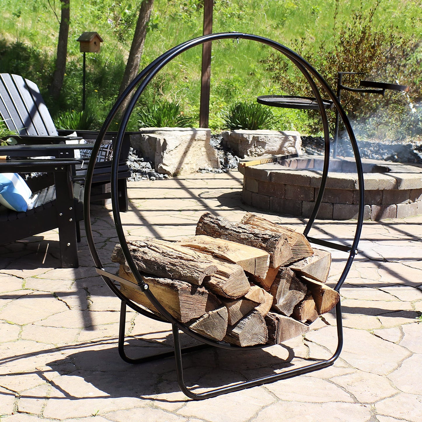 Sunnydaze 48-Inch Outdoor Firewood Rack Hoop - Indoor Round Tubular Steel Fireplace Wood Holder - 700-lb Capacity