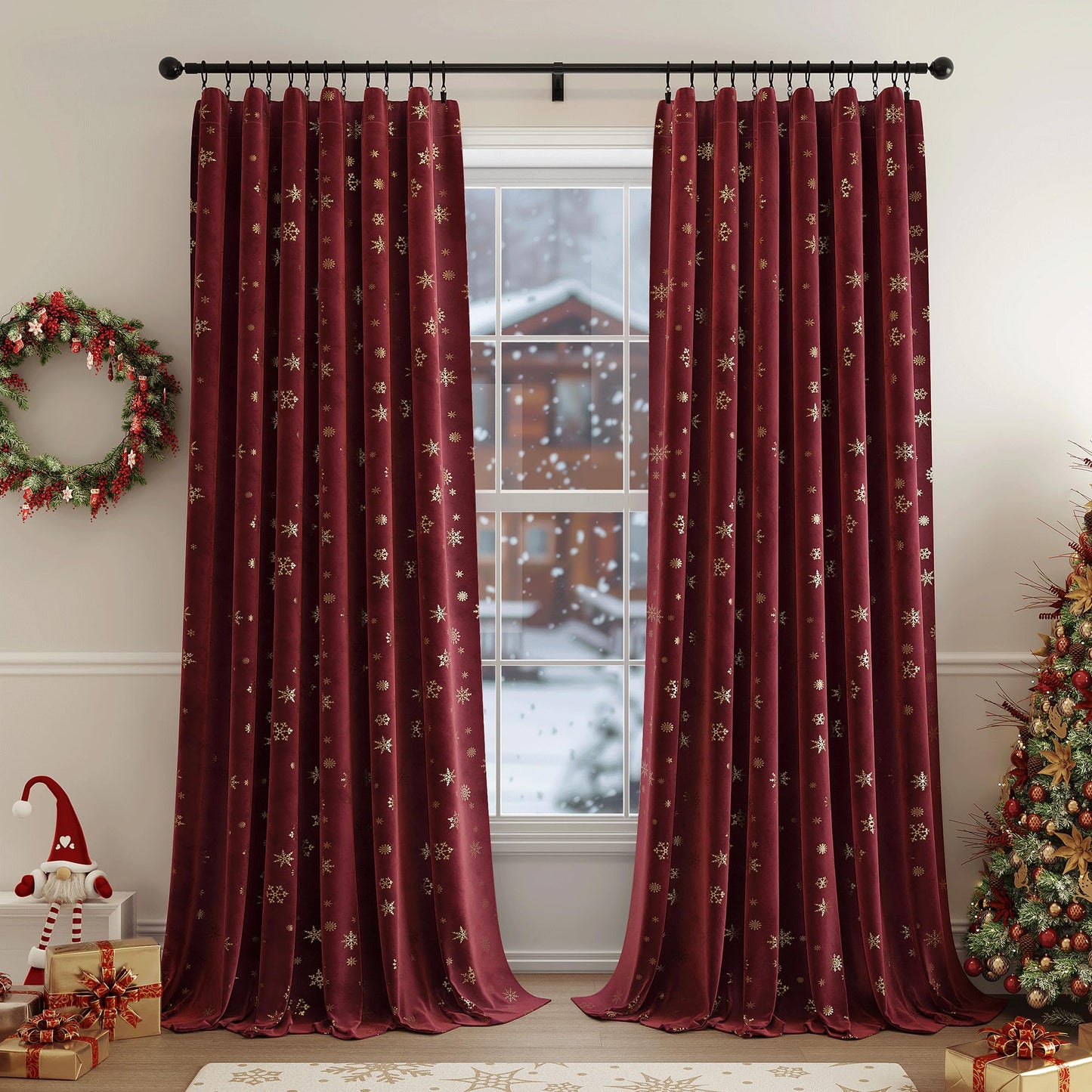Beauoop Christmas Red Velvet Curtains 84 Inches Long 2 Panels for Bedroom Living Room Gold Snowflake Holiday Decor Burgundy Thermal Insulated Room Darkening Rod Pocket Window Treatments Drapes, 52X84