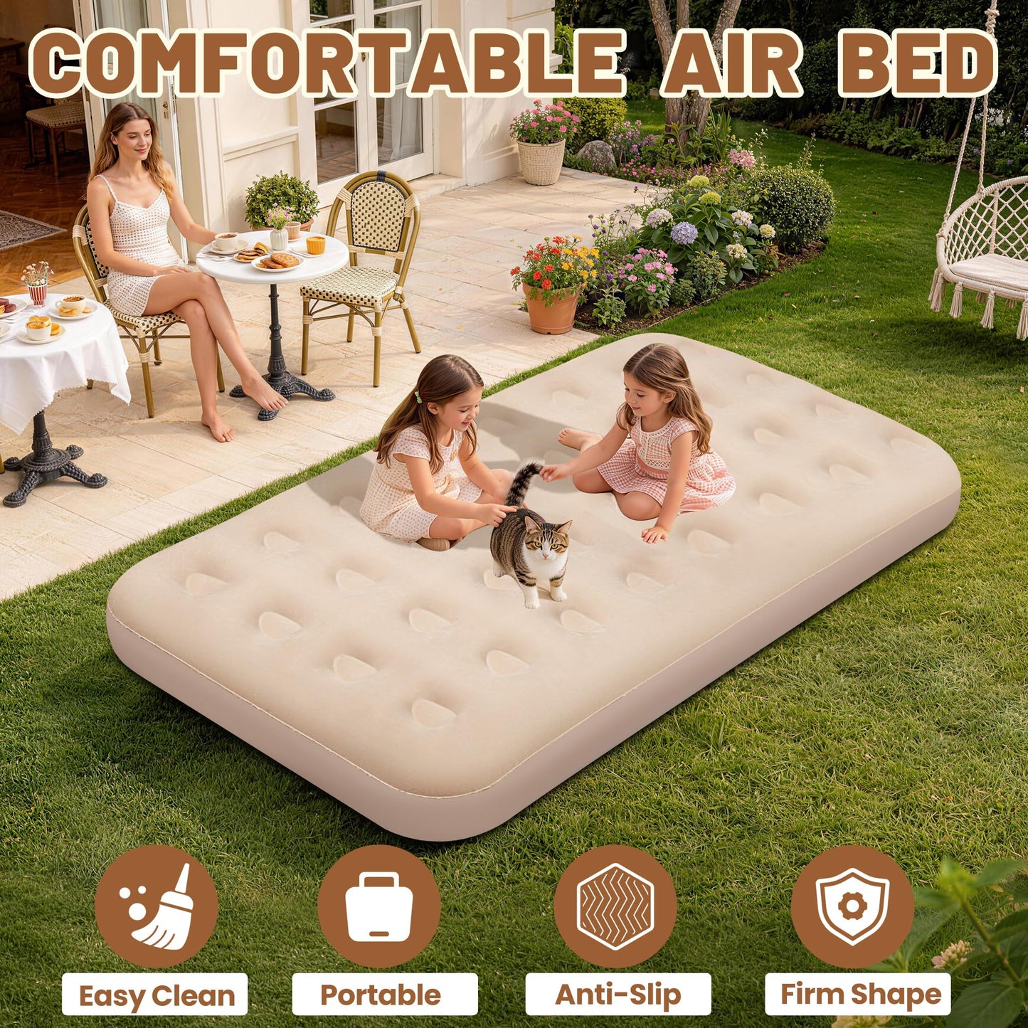 MeiLyte Inflatable Bed Twin Size, Inflatable Couch for Adults with Flocked Surface, Inflatable Air Mattress with Backrest, Comfortable Inflatable Sofa Bed, Inflatable Couch for Camping,Outdoor, Indoor