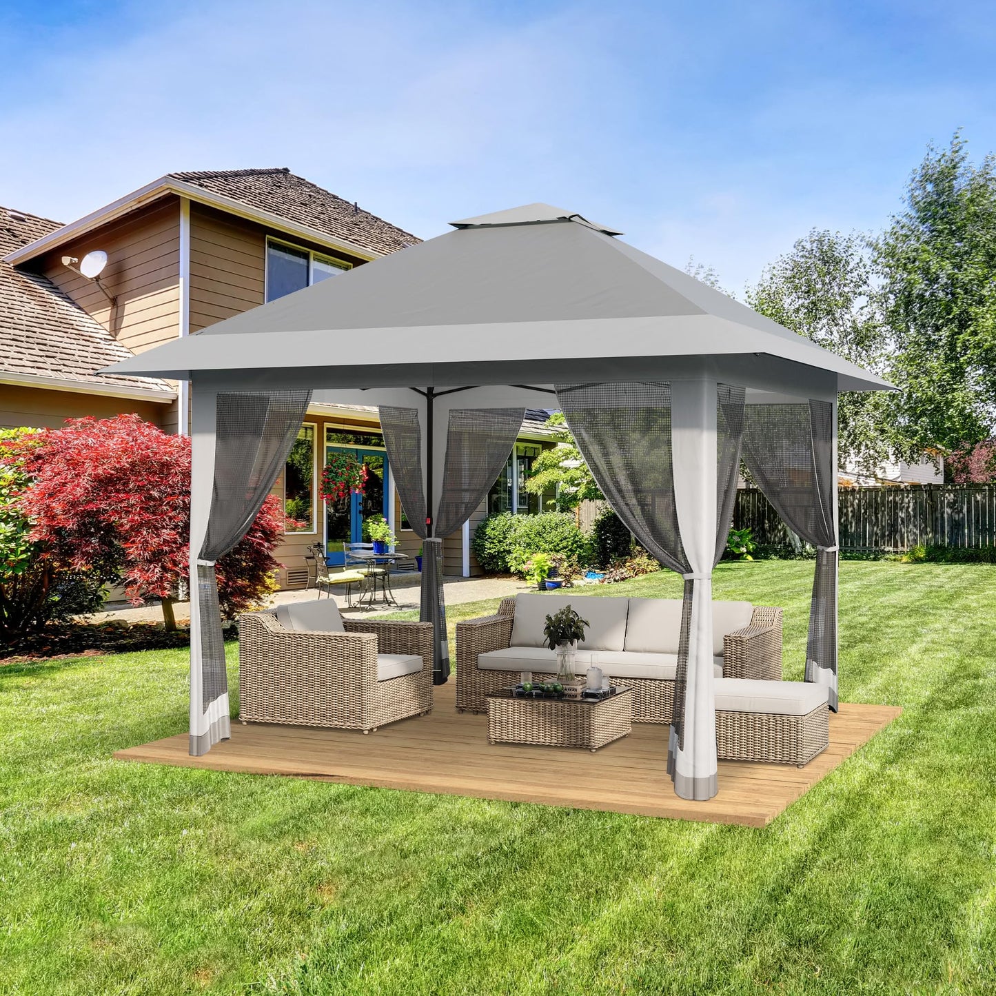 13x13 ft Pop Up Canopy Tent, One-Push Setup Gazebo with Mosquito Netting, 4 Sandbags, Height Adjustable, Waterproof UV Protection for Backyard Parties, BBQs, Camping