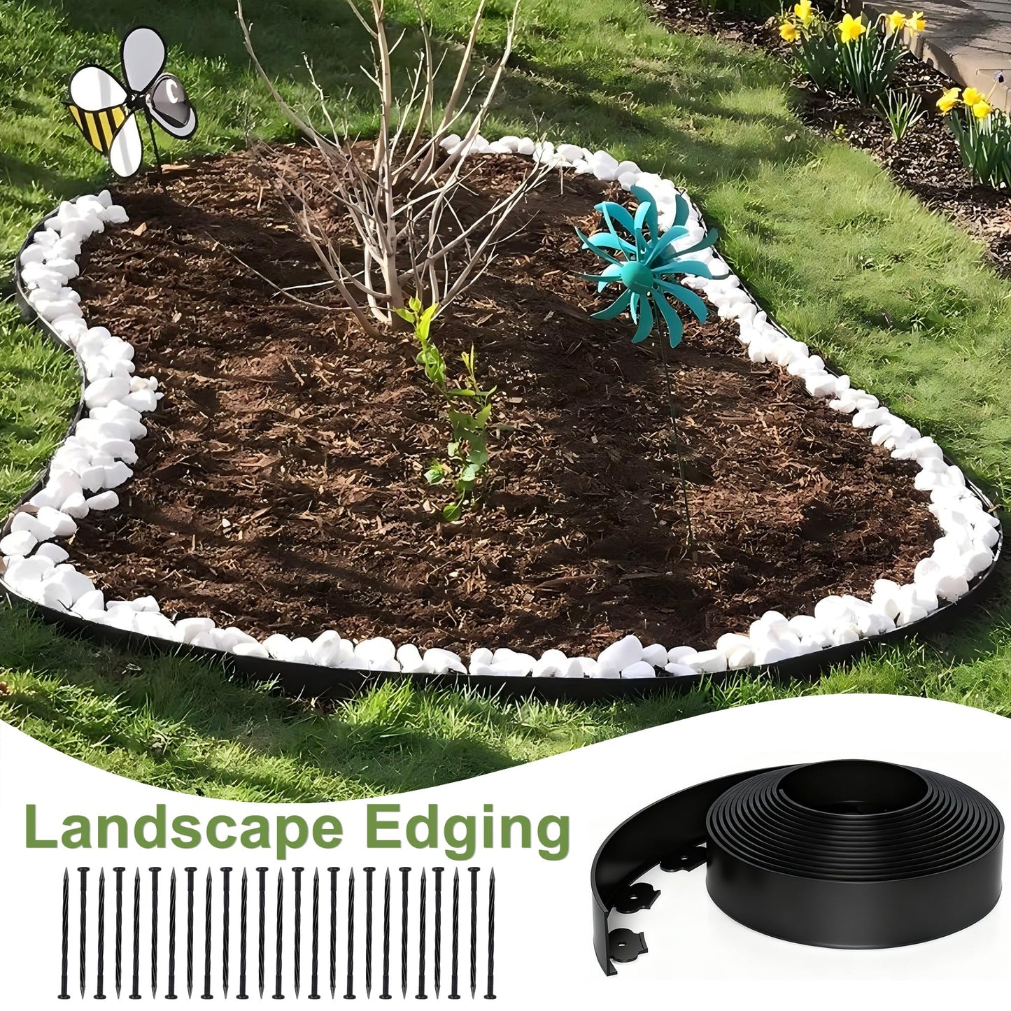 WISD Landscape Edging 2 in x 100 ft with 150 Anchor Stakes, No Dig Garden Edging Border Flexible Plastic Weather-Resistant Lawn Edging Weed Control (Black, 100FT)
