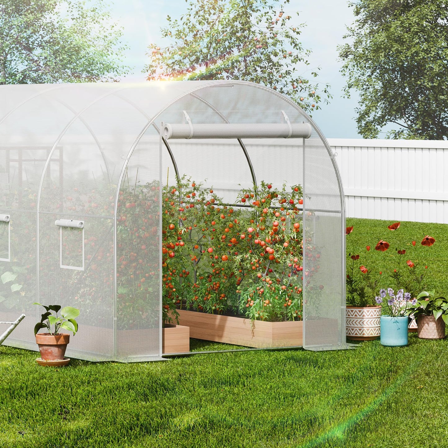 VEVOR Walk-in Tunnel Greenhouse, 14.6x6.4x6.3 ft Hoop House Greenhouse Tunnel, Plant Hot House with Galvanized Steel Frame, White PE Cover, Roll-up Zipper Door and 8 Windows for Outdoor