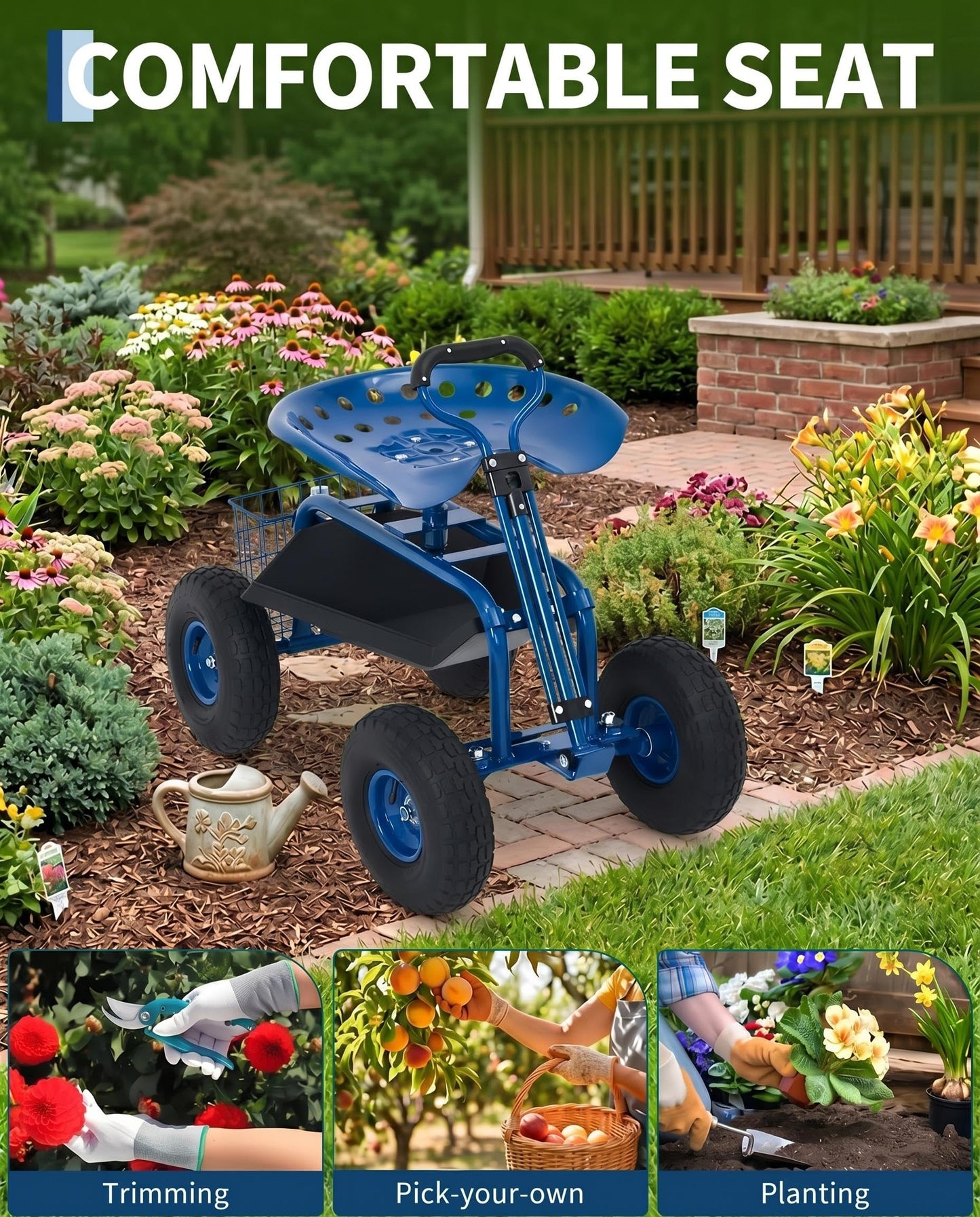 Heavy Duty Garden Cart, Garden Scooter Rolling Work Seat, 360° Swivel with 10-Inch All-Terrain Inflatable Tires, Extendable Steering Handle & Metal Tool Tray for Planting, Weeding, Yard Work