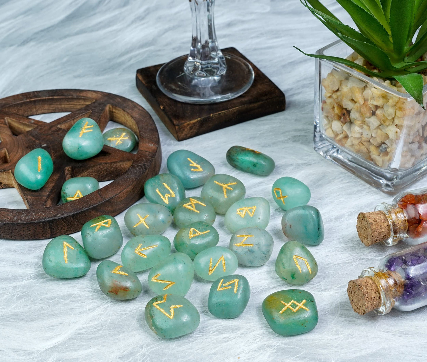 Crocon Green Aventurine Rune Stones Set Engraved with Elder futhark Crystal Runes Set, Reiki Healing runas for Meditation Chakra Balancing Rune Stone for Beginners with Crystal Guide & Pouch 15-20 mm