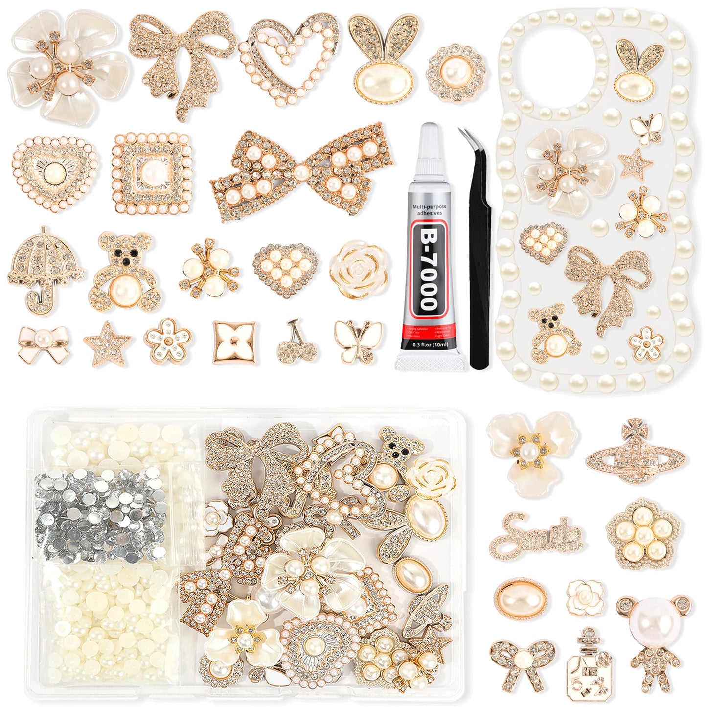 Junk Case Charms Kit with Gule, Junk Phone Case Decorating Kit with Bling Flower Butterfly Flatback Pearls Rhinestone Accessories for DIY Phones Case Deco Making Supplies