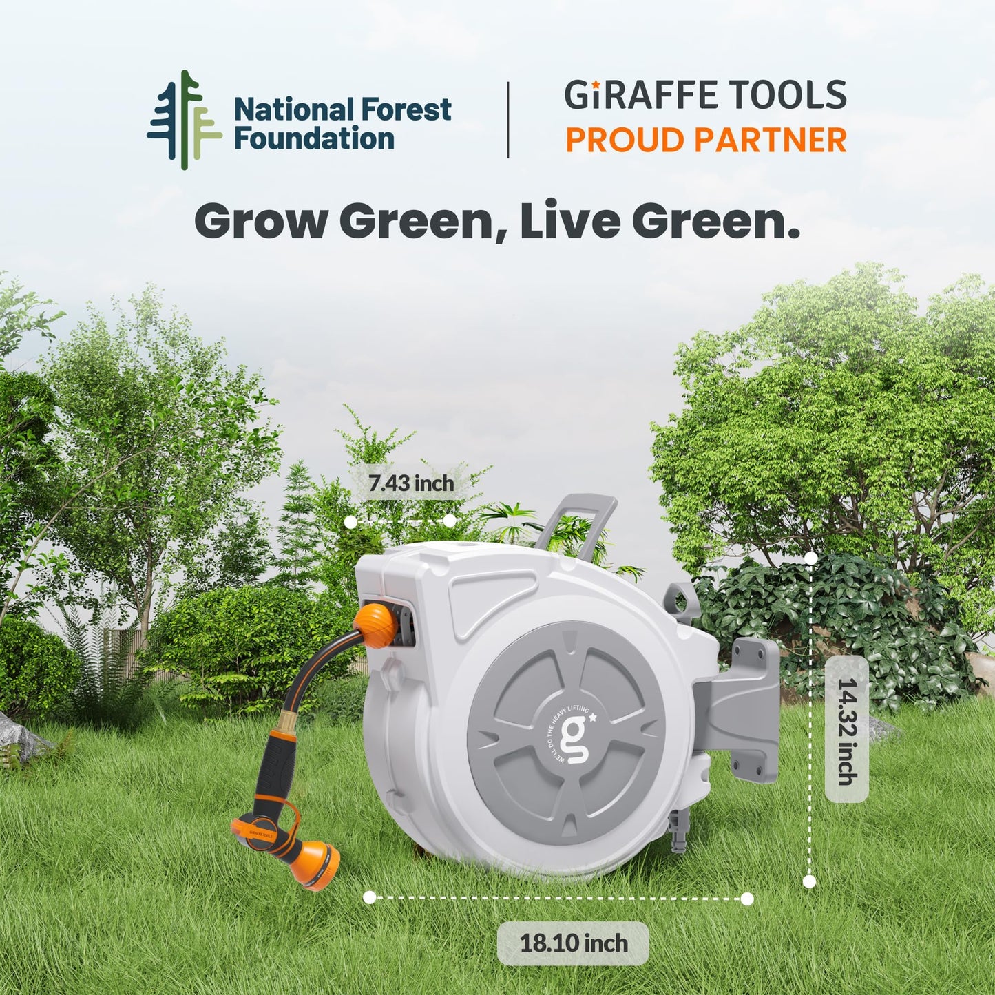 Giraffe Tools Retractable Hose Reel 1/2" x 65 ft Heavy Duty Water Hose Reel, Swivel Bracket, Any Length Lock, with 9-Function Sprayer Nozzle