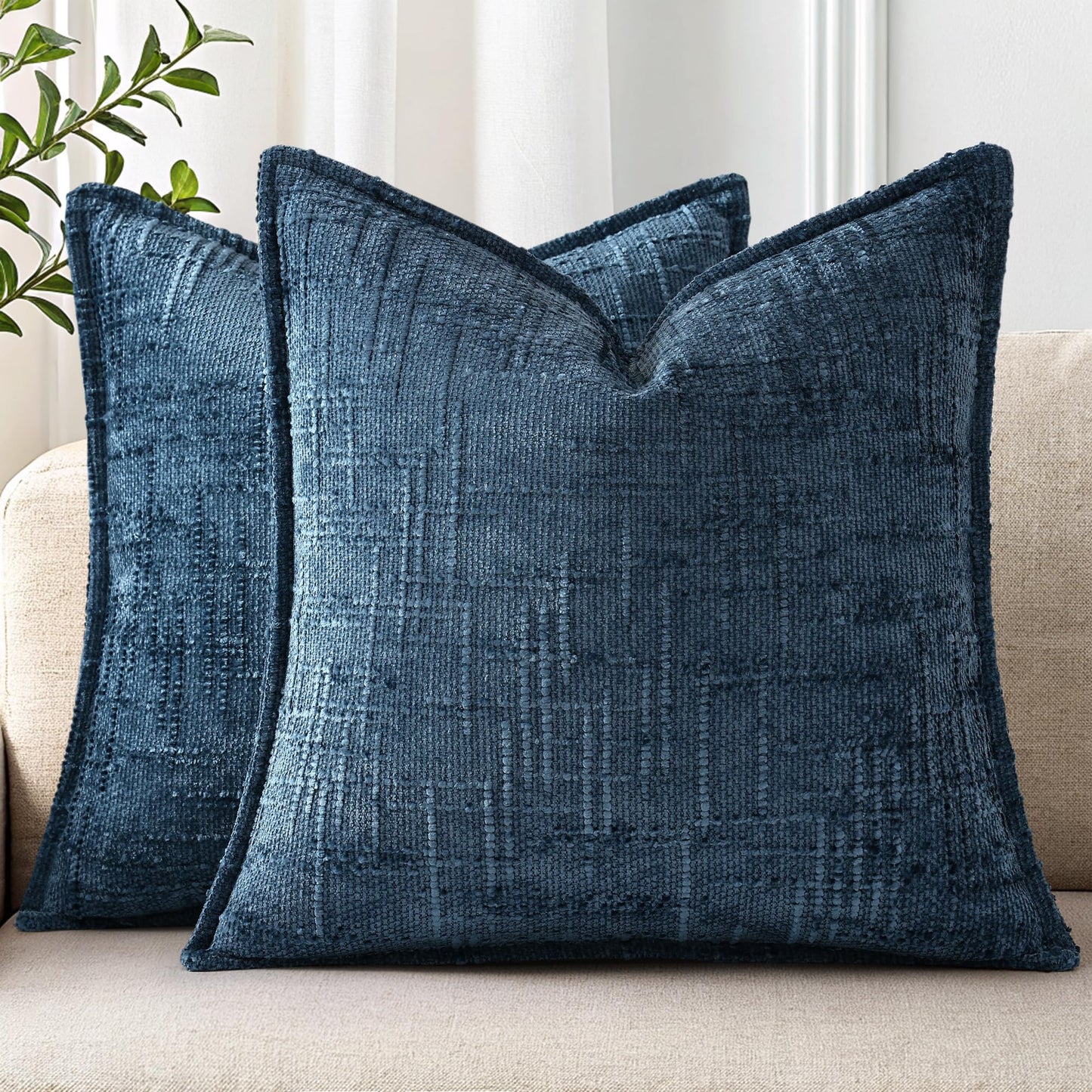 decorUhome Chenille Throw Pillow Covers 20x20 Set of 2, Thick Textured Slubby Neutral Decorative Pillow Covers with Elegant Design for Couch, Sofa, Living Room, Navy Blue