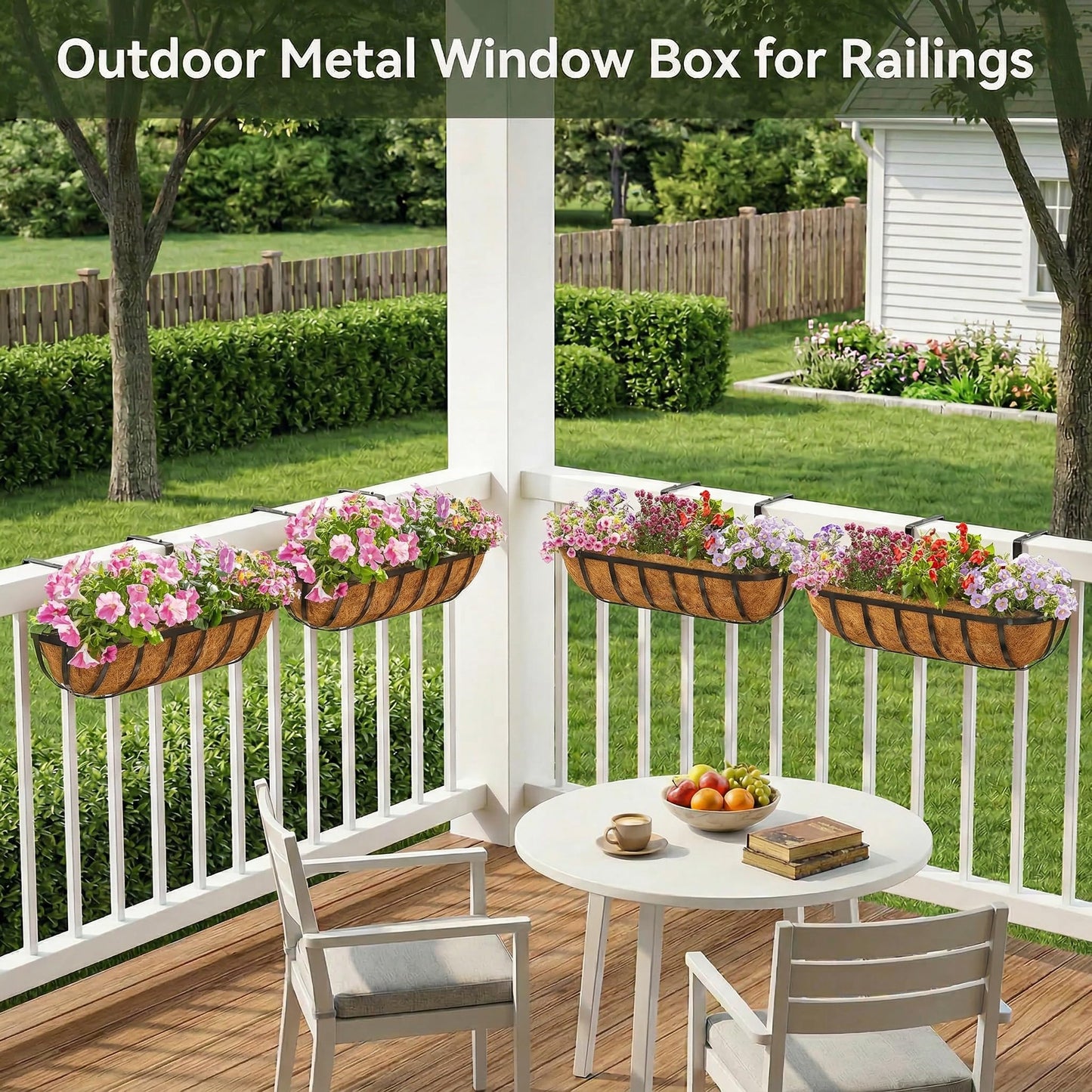 LAWYAMAI 30 Inch 2 PCS Window Box Deck Railing Planter with Coco Liners, Hanging Flower Planters Black Metal Baskets for Indoor Outdoor, Balcony, Porch, Fence, Lawn and Patio