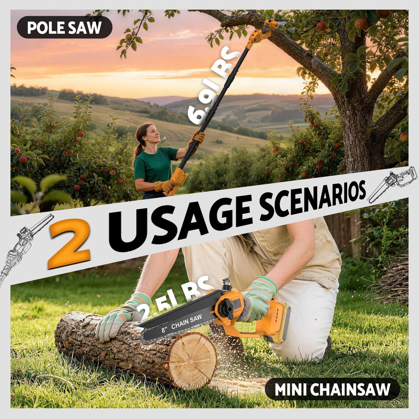 8 Inch Cordless Pole Saw Compatible with Dewalt 20V Battery, Brushless Mini Chainsaw with Extension Pole 14.2 FT Max, Pole Saws for Tree Trimming, 20 FT/S Cutting speed Auto Lubrication System