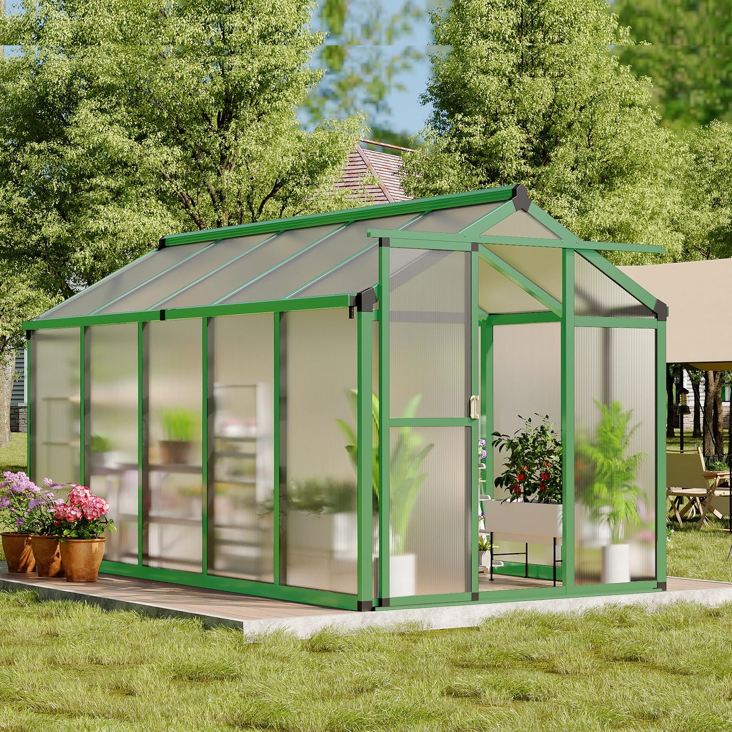 Garvee 6 X 10 Greenhouse, Greenhouses for Outside, Polycarbonate Greenhouse with Aluminum Frame, Lockable Door and Ajustable Roof Vent for Backyard, Green Houses for Outside Garden Backyard, Patio
