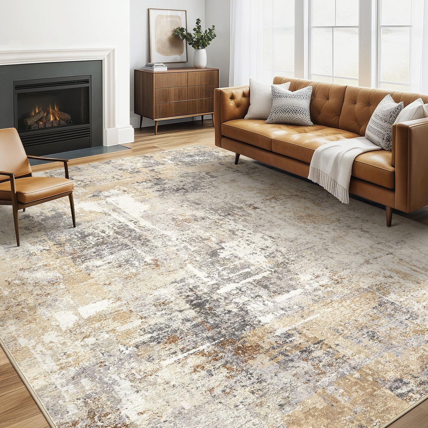 Area Rug Living Room Rugs: 5x7 Washable Large Abstract Modern Soft Stain Resistant Indoor Floor Non Slip Accent Carpet for Bedroom Nursery Playroom Dining Room Office Dorm Home House- Gray Gold