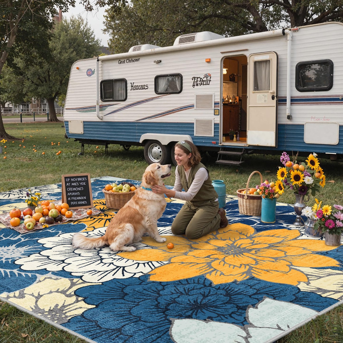 GENIMO Indoor Outdoor Area Rug 10'x14', Machine Washable Rugs for Patio, Waterproof, Non-Slip Easy Cleaning Floral Outdoor Mat Carpet for Living Room, Bedroom, RV, Balcony, Deck, Camping, Navy Blue