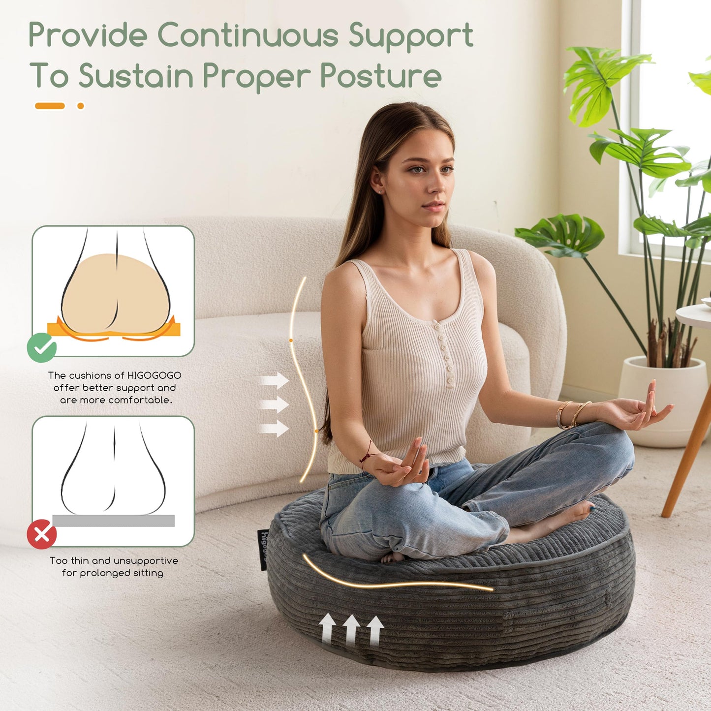HIGOGOGO 6" Extra Thick Floor Pillow Cushion for Adults, Meditation Cushion Pillow, Large Round Floor Sitting, Tufted Corduroy Cover, for Tatami Living Room or Yoga, 22x22 Inch, Dark Grey