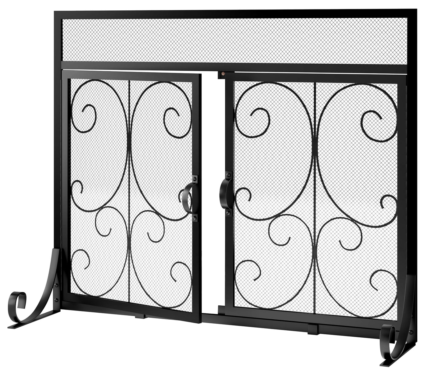 Calidola Large Flat Fireplace Screen with Doors, Wrought Iron Frame with Metal Mesh, Flat Panel Decorative Fireplace Screen with Scroll Design, Free Standing Spark Guard,Black