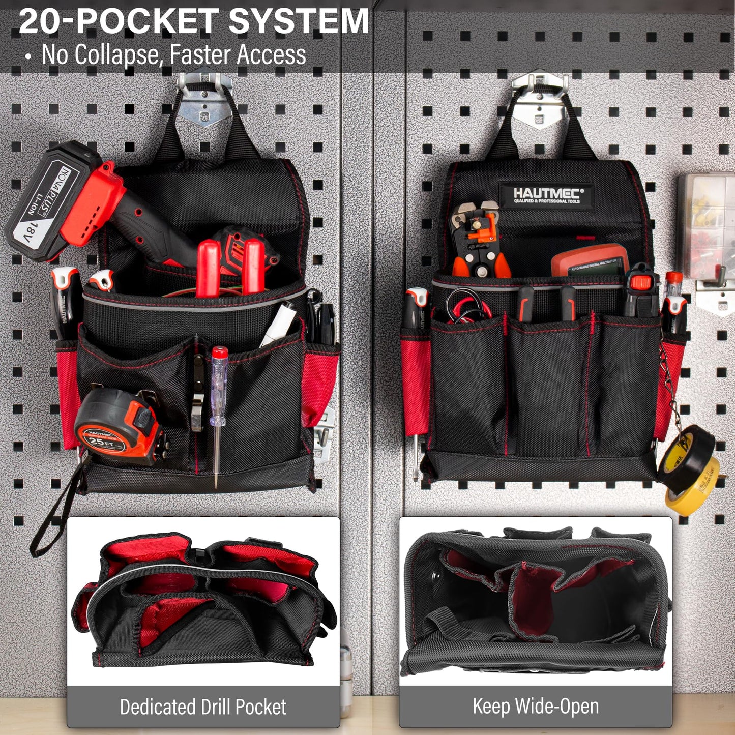 HAUTMEC Heavy-Duty Tool Belt, 20-Pocket 1680D Tool Pouch with Reinforced PVC Base, Adjustable Work Belt (37”–42”) with Drill Pocket, Hammer Loop, Tape Clip & T-Chain for Jobsite Use – HT0177