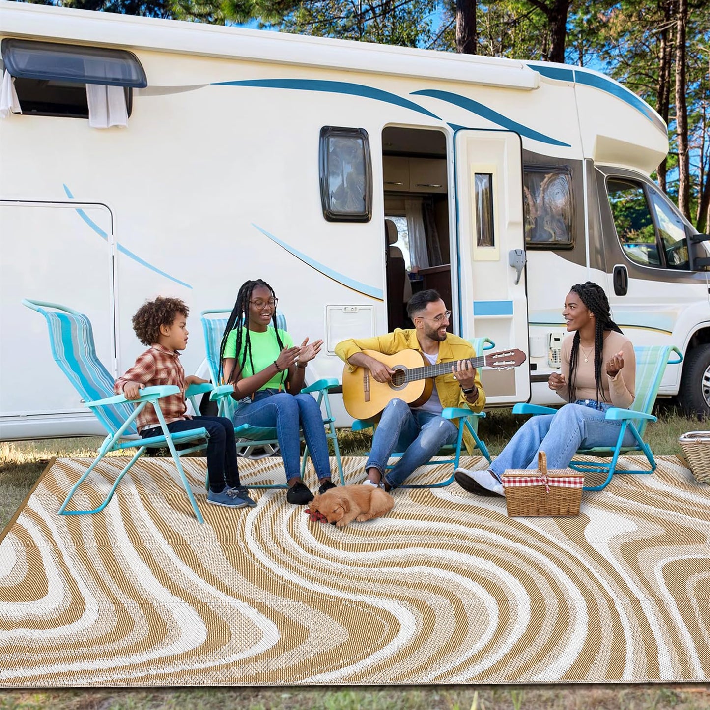 Garvee 10x14 Modern Large Outdoor Rug, Waterproof Rug for Camping, Reversible Plastic Straw Rugs UV Resistant Abstract Carpet for Picnic Backyard Deck Balcony Porch Beach Trailer, Light Brown