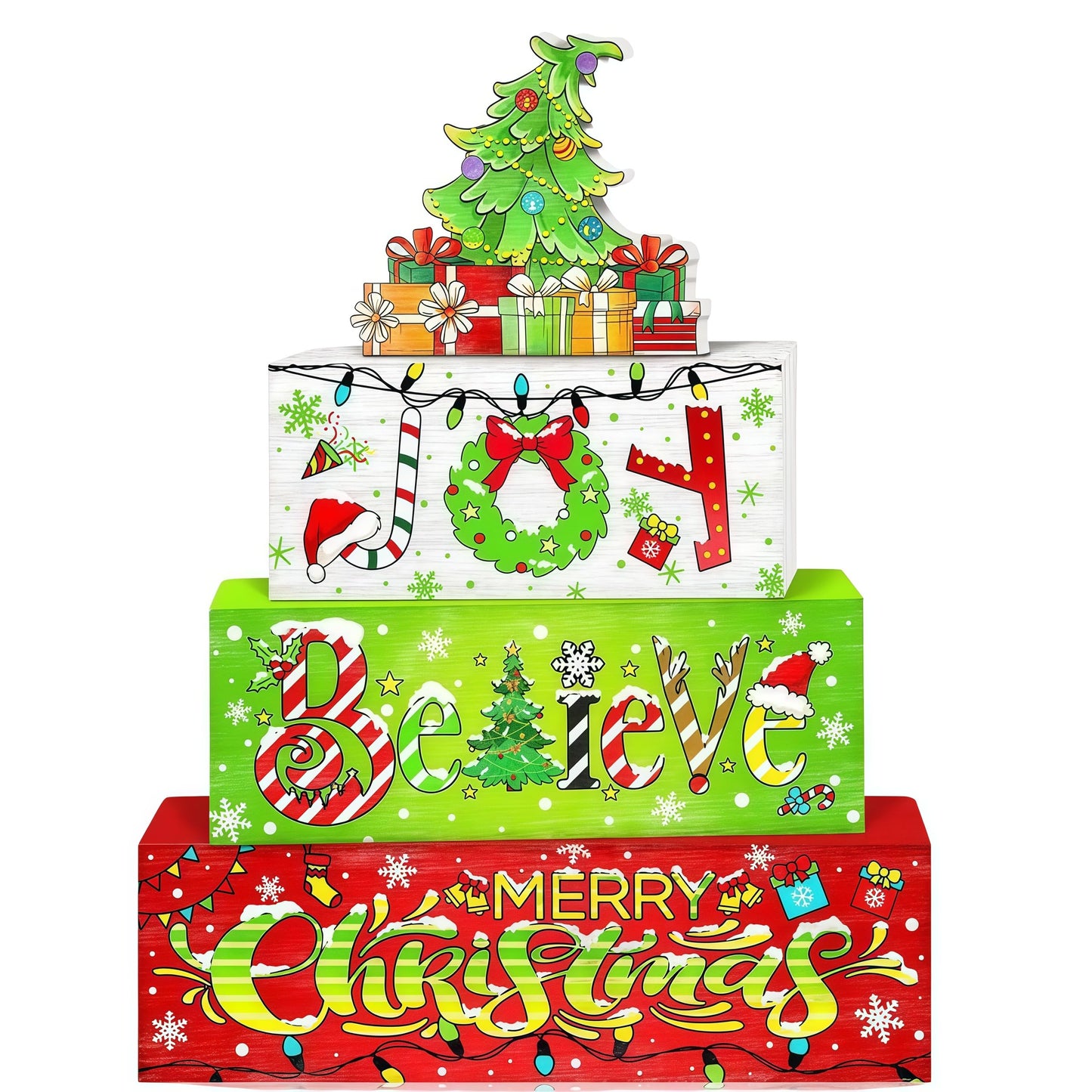 4 Pcs Christmas Wooden Tabletop Decor Winter Christmas Tree Gift Tiered Tray Decorations,Winter Table Centerpieces, Red and Green Centerpiece Rustic Block Signs,Furniture Kitchen Decor Gifts