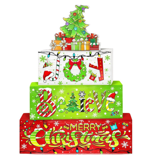 4 Pcs Christmas Wooden Tabletop Decor Winter Christmas Tree Gift Tiered Tray Decorations,Winter Table Centerpieces, Red and Green Centerpiece Rustic Block Signs,Furniture Kitchen Decor Gifts