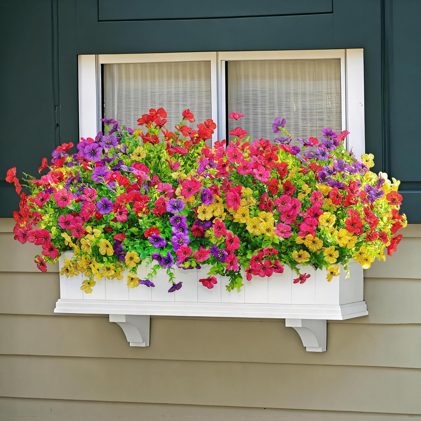 16 Bundles Artificial Fake Flowers Plants for Outdoors Spring Summer Decor,Faux Flowers Plant Silk Daisy UV Resistant for Outside Planters Front Porch Patio Yard Garden Home(Red,Purple,Yellow,Fuchsia)