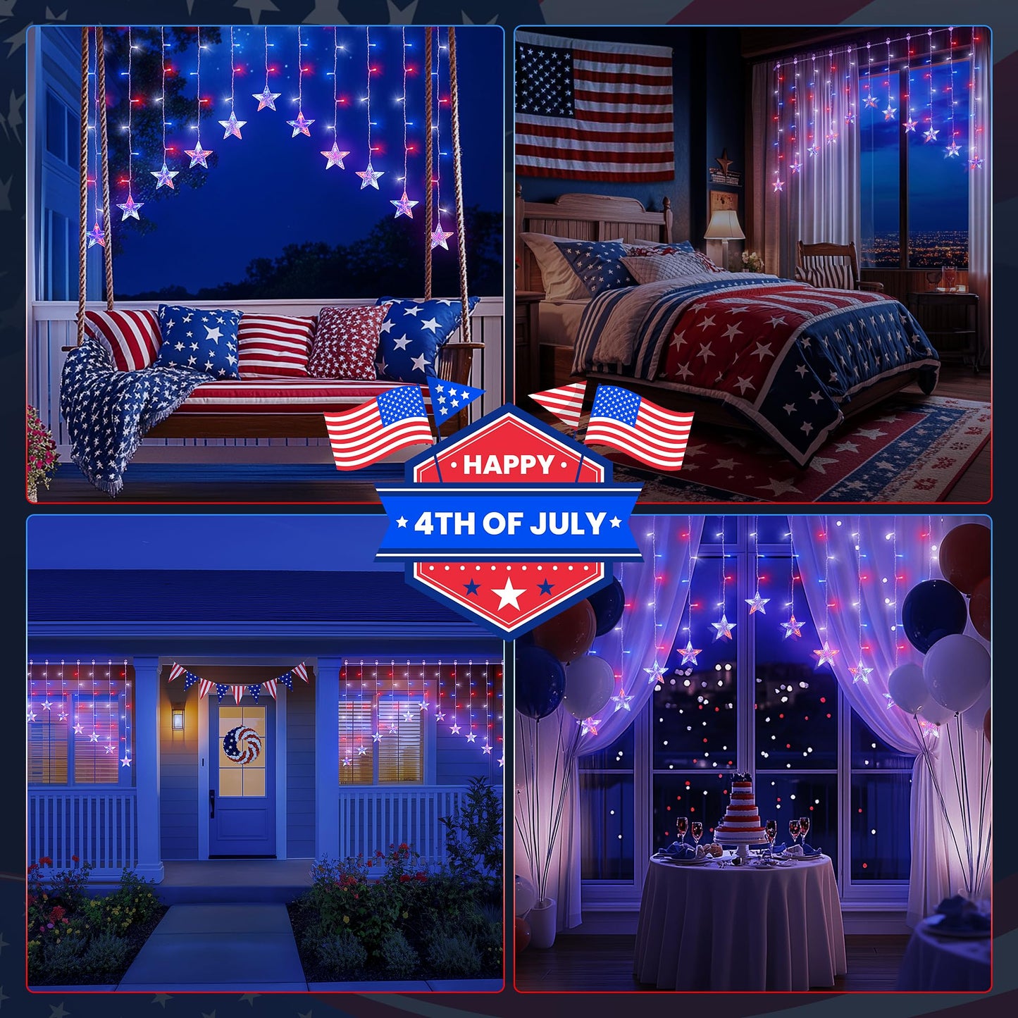 4th of July Patriotic Star Icicle Lights,red White and Blue Curtain String,11.5ft 118LED Waterproof 8 Modes with Timer Connectable Independence Day Decorations Window Lights for Outdoor Indoor