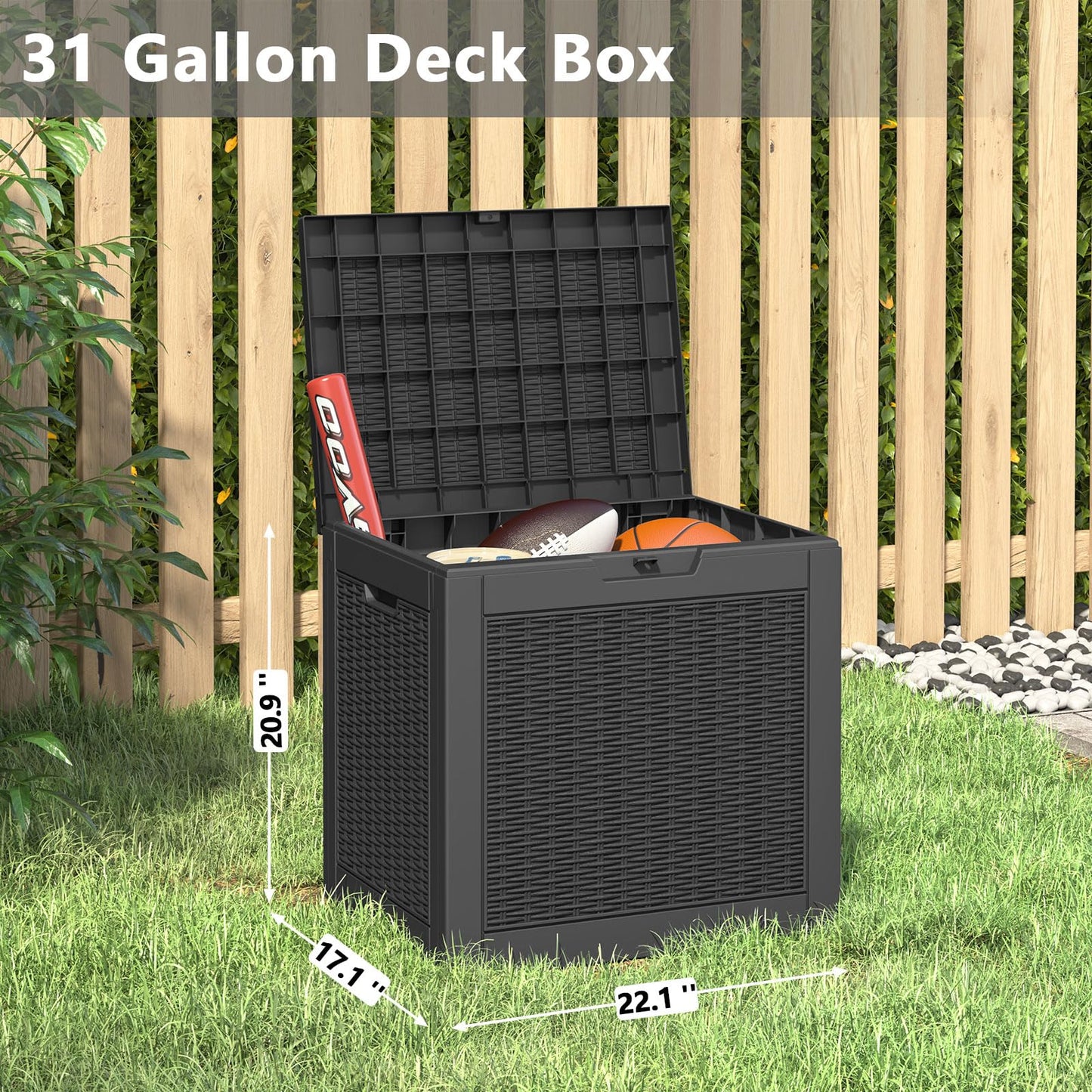 LHBGO 31 Gallon Deck Box, Resin Outdoor Storage Box, Waterproof and UV Resistant Deck Box, Lightweight Storage Box for Garden Tools, Pool Supplies